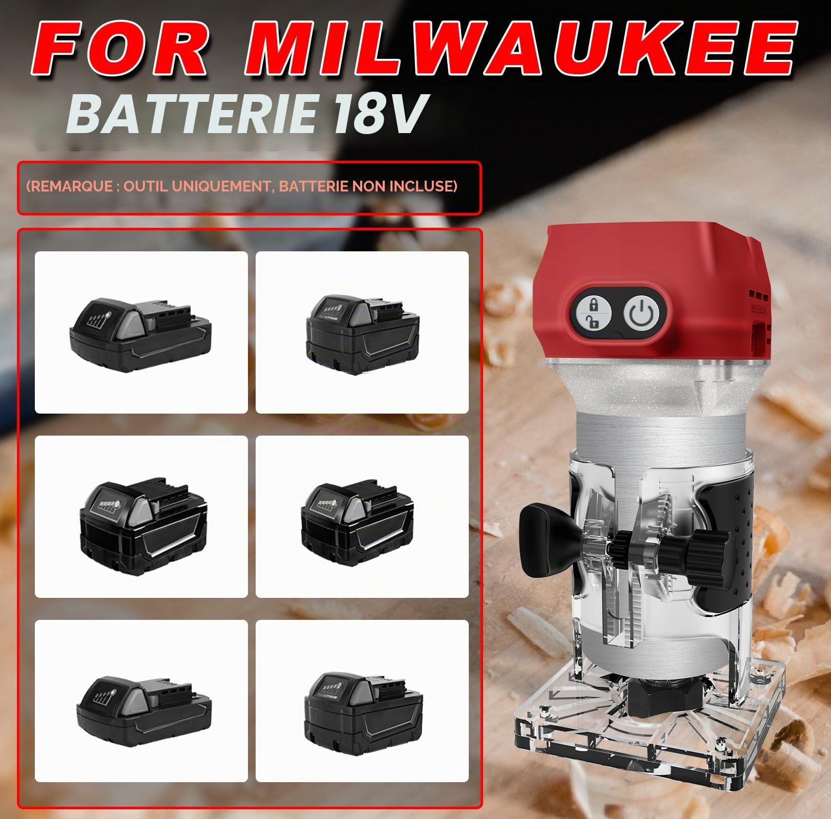 WingFly Affleureuse Défonceuse, Affleureuse Sans Fil pour Milwaukee M18 18V, Brushless Affleureuse Paume Compacte Pour Travail du Bois, avec 15 Fraises à Défoncer