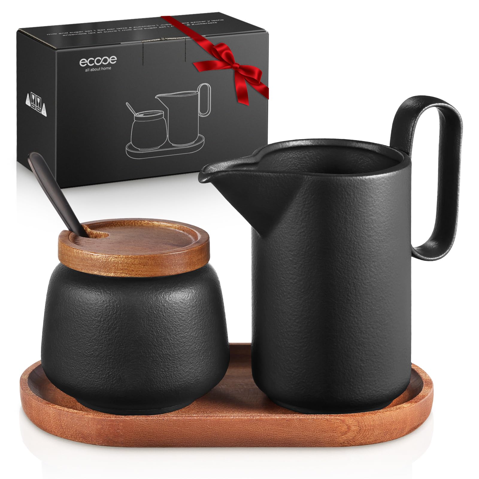 Ecooe Juego de Leche y Azúcar - Jarra de Cerámica Negra y Azucarero Con Tapa y Cuchara de Metal, Bandeja de Madera - Para Barista y Nata