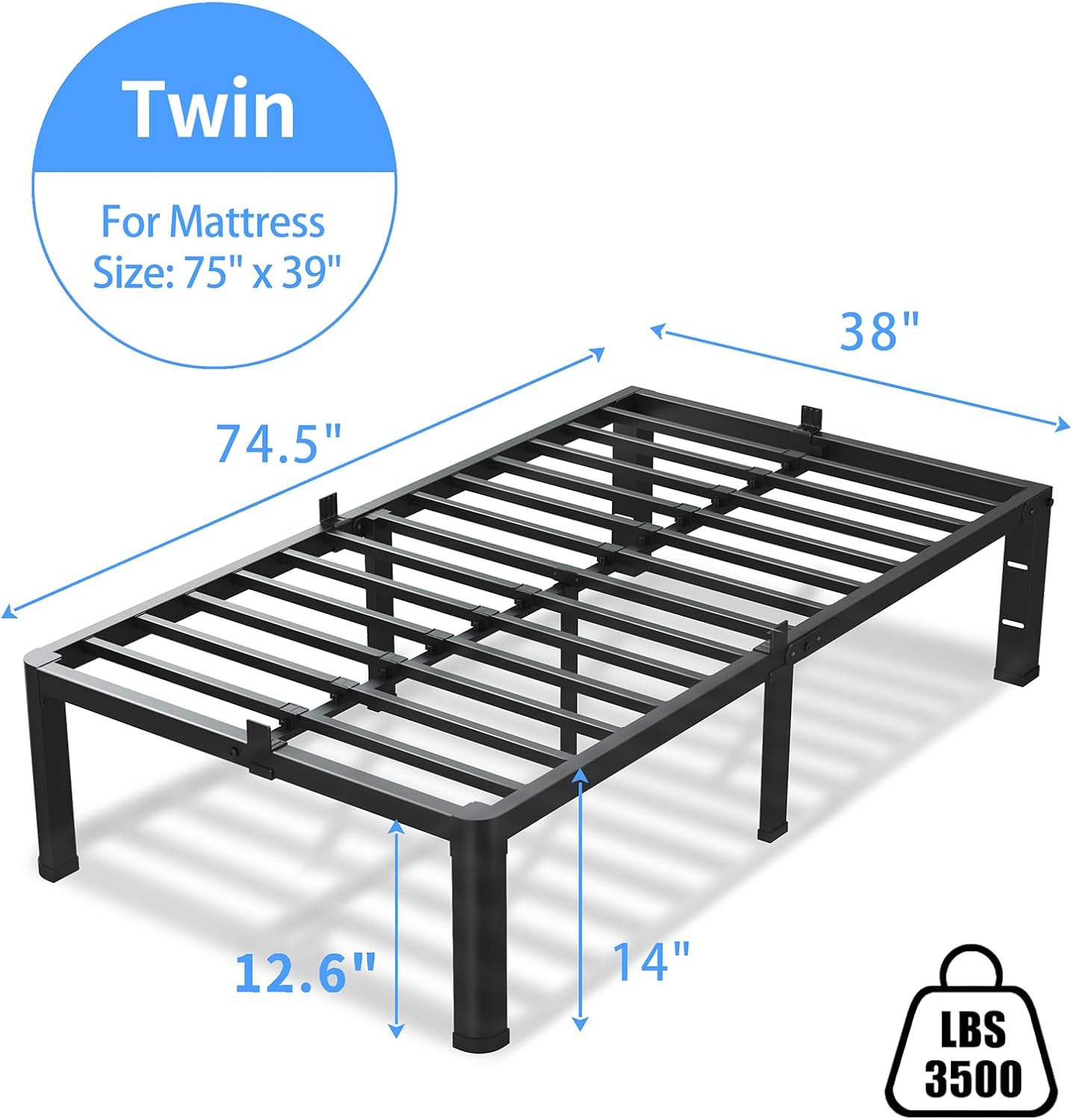 14 Inch Twin Size Bed Frame, 3500Lbs Heavy Duty Metal Platform with Round Corner Legs Mattress Slide Stopper, Steel Slat Support No Box Spring Needed, Noise Free, Non-Slip, Easy Assembly - Image 3