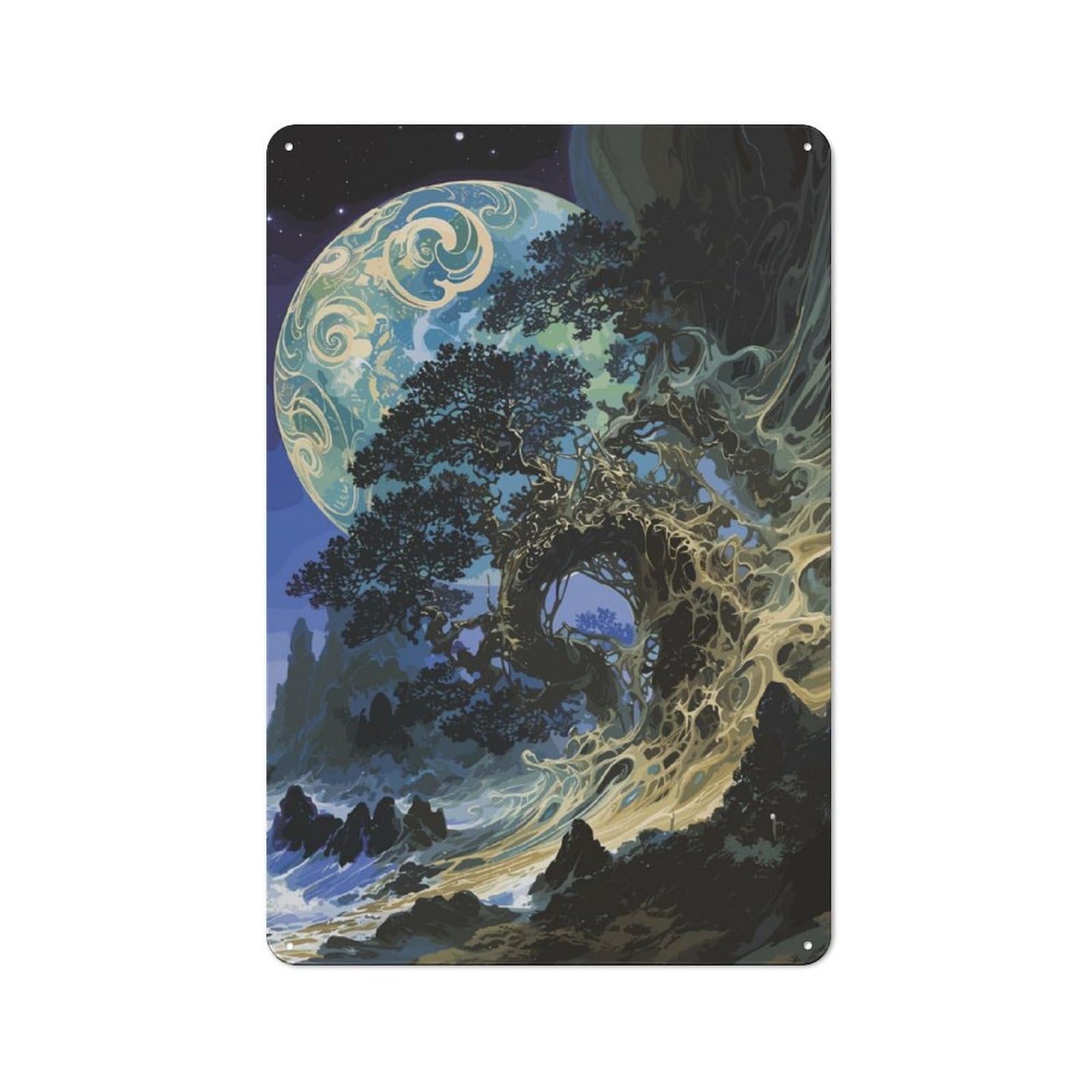 Junmoney Fantasy Tree And Planet Metal Wall Sign 30X20cm, Retro Decor For Hallway Wall, For Wall Display Collectors