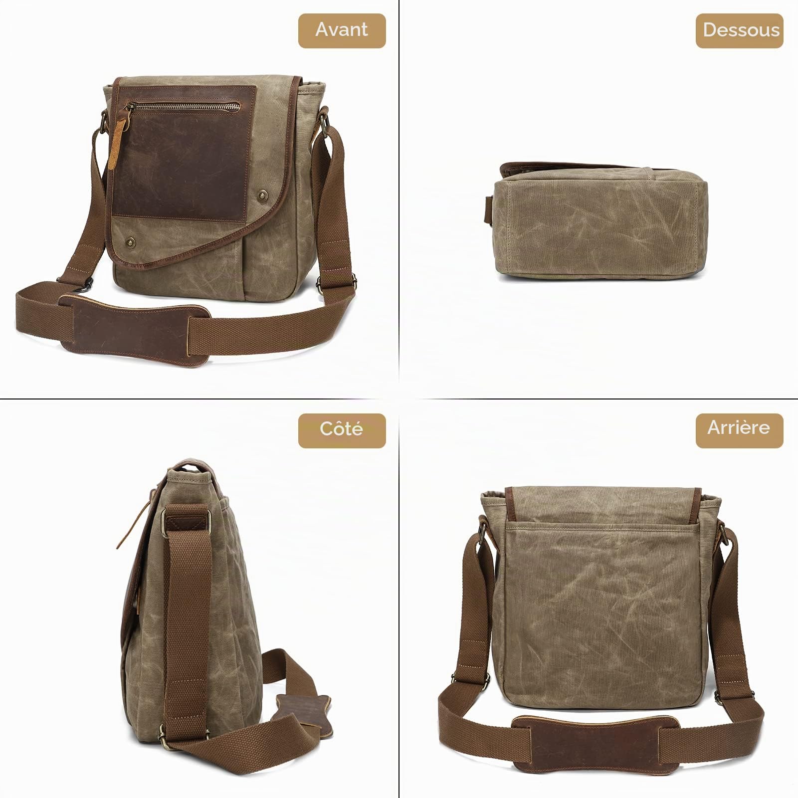 VARLIVOO Rétro Homme Sacs Bandoulière Sac d'épaule Sac Messager Commuer Voyager École Randonnée Camping Travail L'école Multifonctionnel Plusieurs Poches Imperméable Toile Kaki