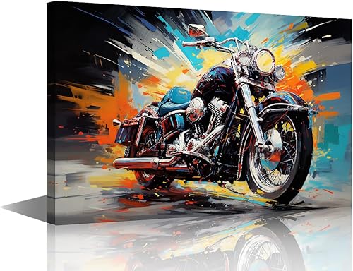 TUMOVO Motor Cycle Painting Retro Motorcycle Pictures Cyberpunk Motorbike Art Prints 1 Piece Canvas Wall Art Giclee Gallery-wrapped Artwork Living