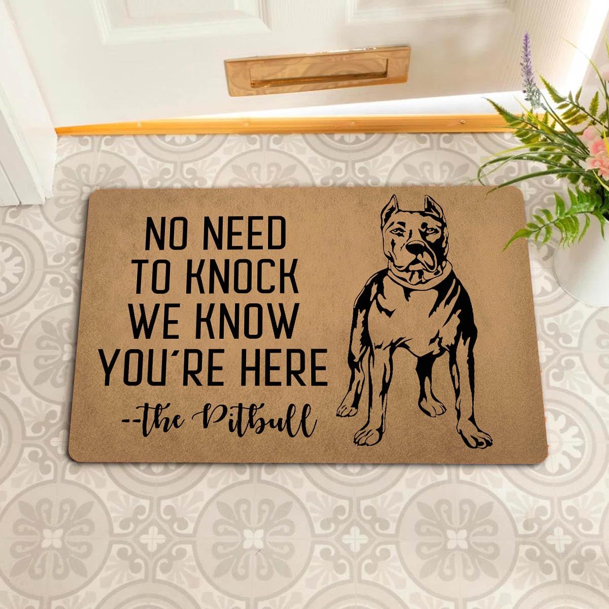 Funny Welcome Front Door Mats Indoor Entrance No Need to Knock We Know You're Here Pitbull Dog Personalized Monogram Kitchen Rugs and Mats With Anti-Slip Rubber Back Novelty Gift Mat(23.7 X 15.9 in)