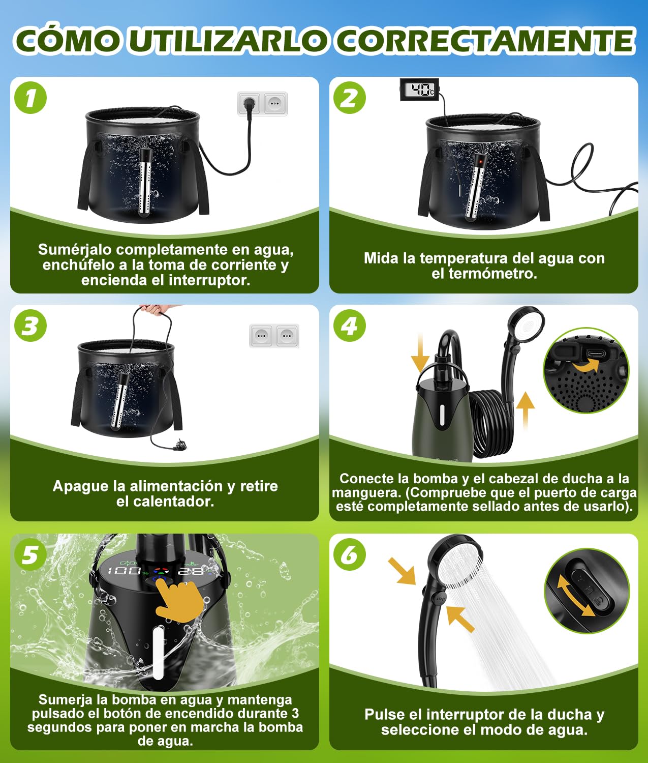 WADEO Ducha de Camping con batería de 6000 mAh, Bomba y depósito de Agua de 20 l, Kit de Ducha para Exteriores con función de Calentamiento, Ideal para Viajes, Lavado de Coches, y emergencias
