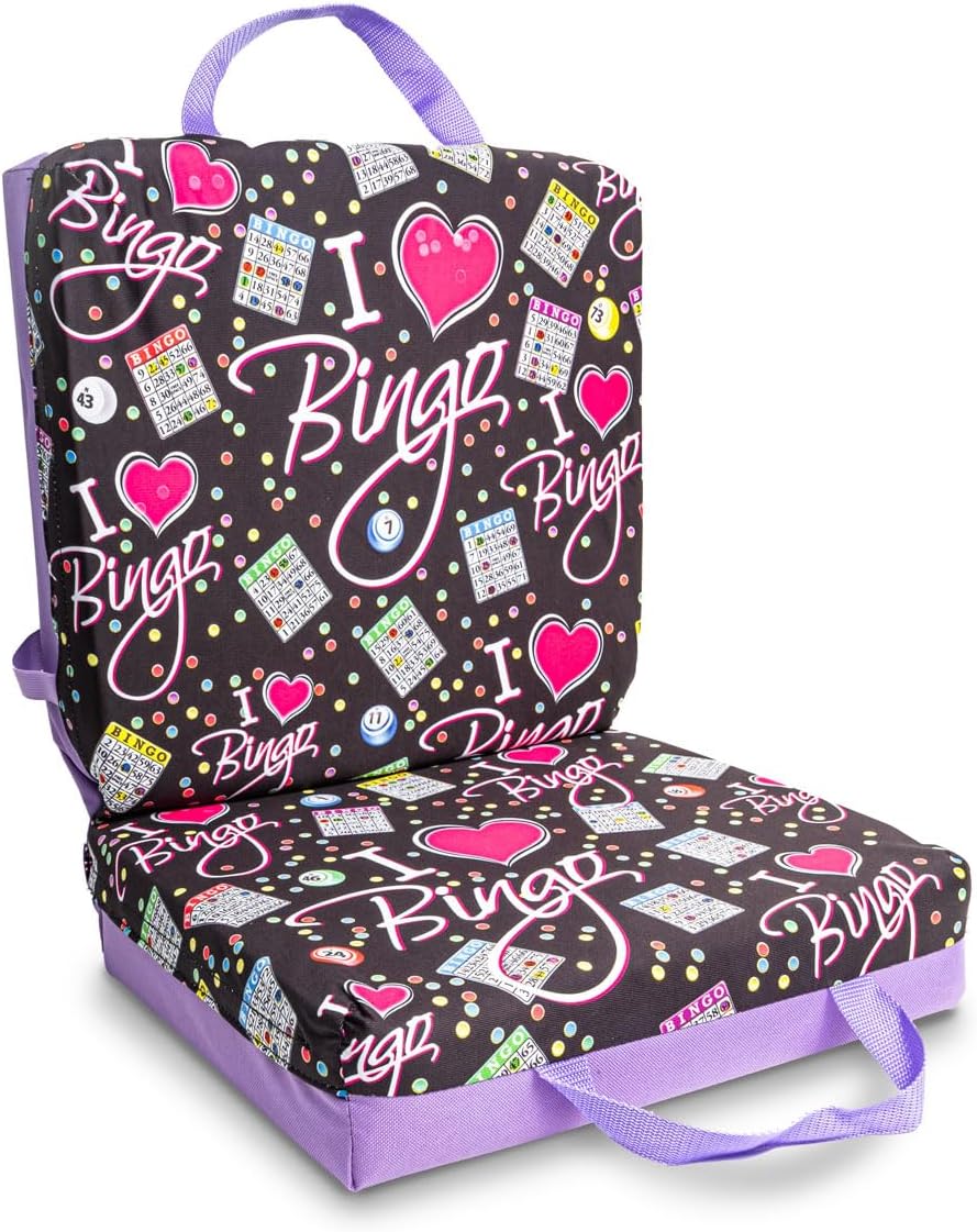 I Love Bingo Pattern Seat Cushion – Extra Thick 3” Bingo Pillow with Strap, Storage Pouch & Handles – Comfortable Folding Chair Cushion for Bingo Nights (Purple)