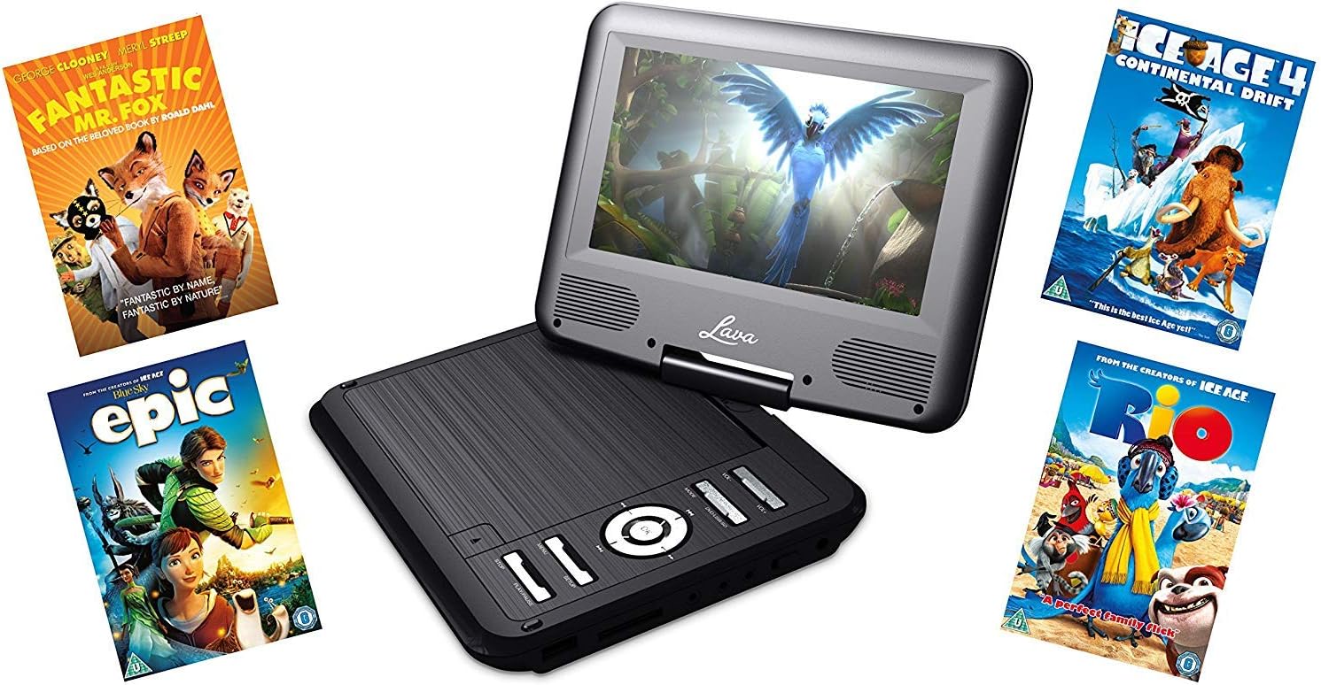 Lava 7-inch Screen Portable DVD Player with Fox Family Movie Bundle (Fantastic Mr Fox, Ice Age 4, Rio, Epic)