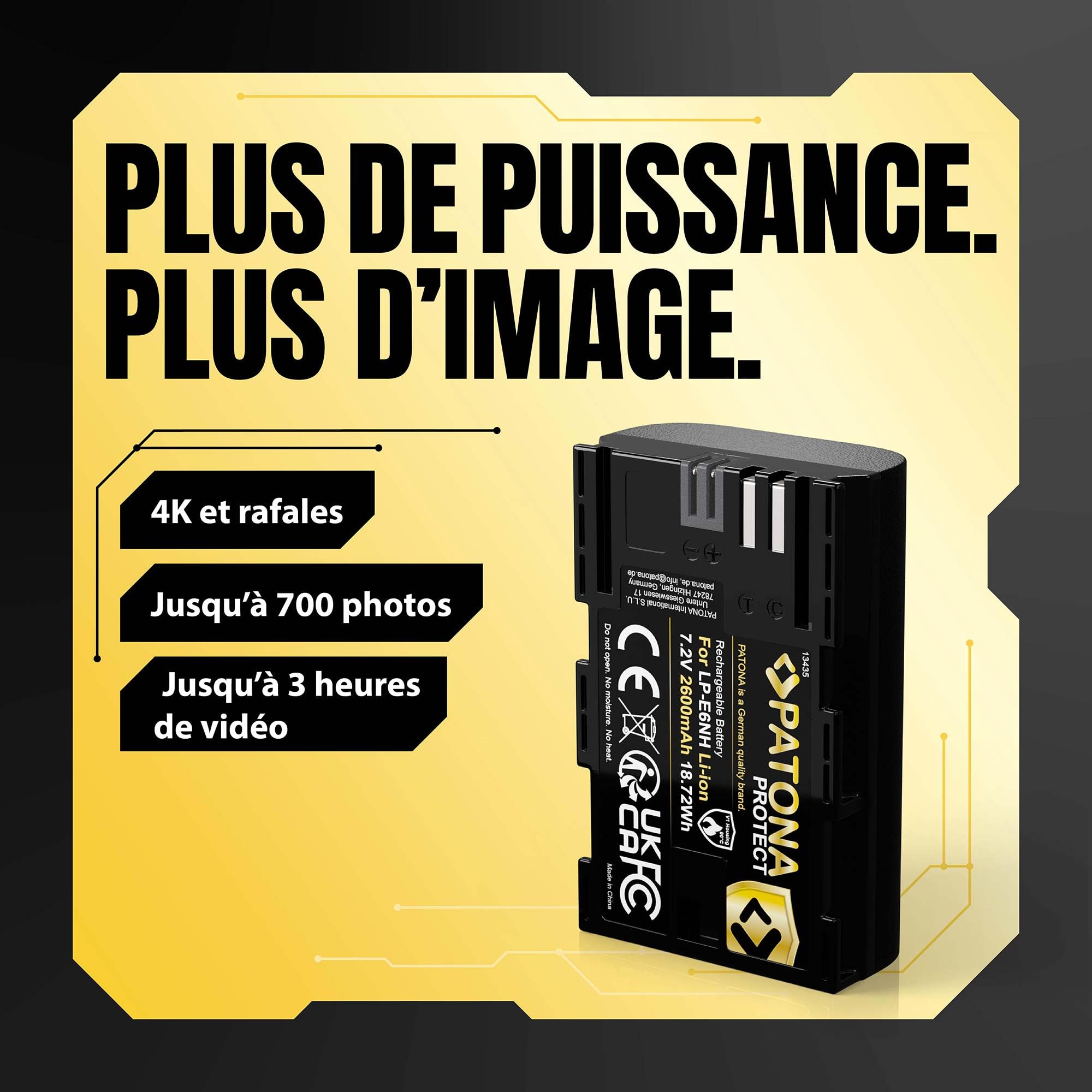 PATONA 2X Protect Batterie pour Canon LP-E6NH LP-E6 2600mAh 7.2V