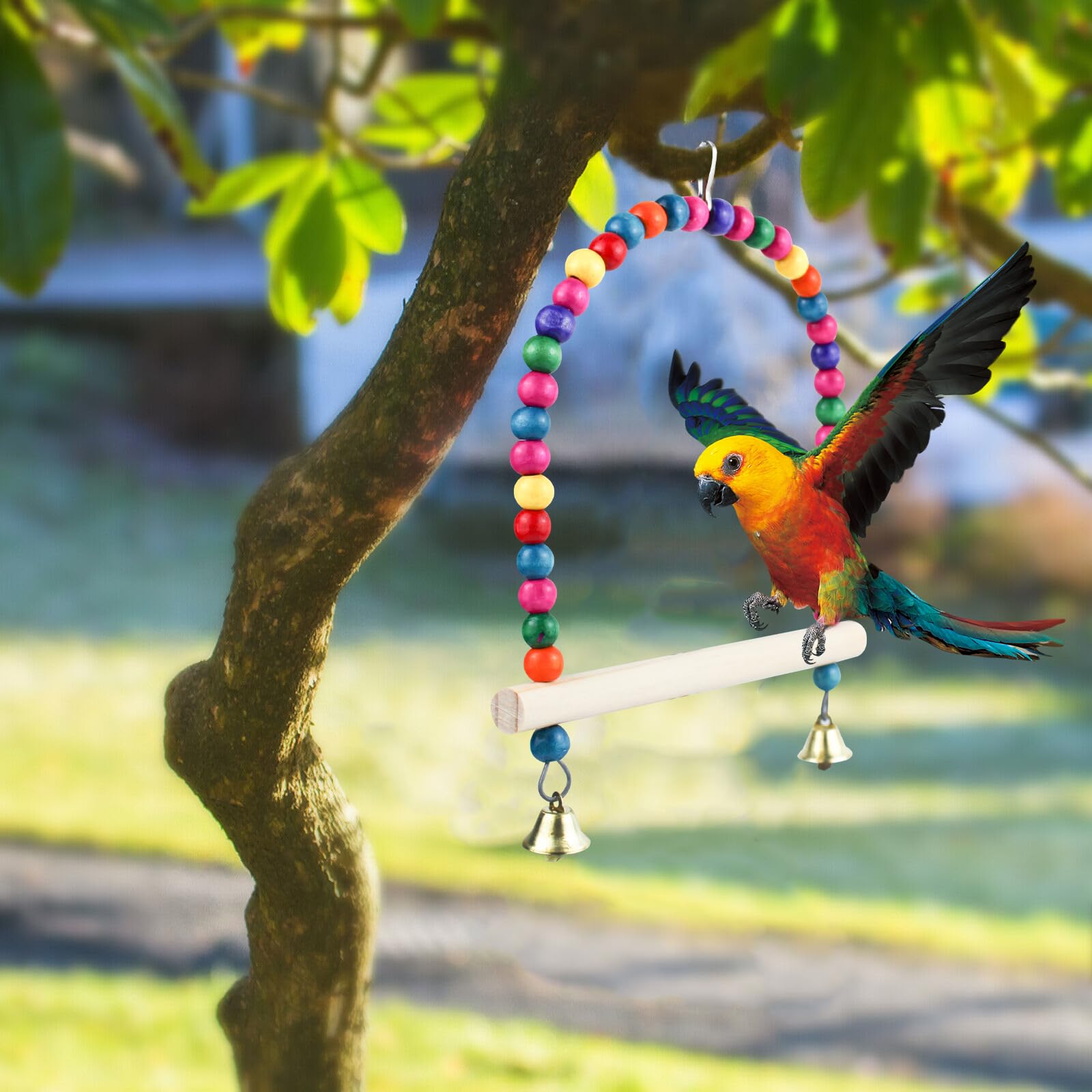Uccello altalena giocattolo con supporto persico e campana, in legno naturale colorato uccello giocattolo uccello giocattolo per piccoli uccelli budgie parrocchetto cacatua (L, colori del