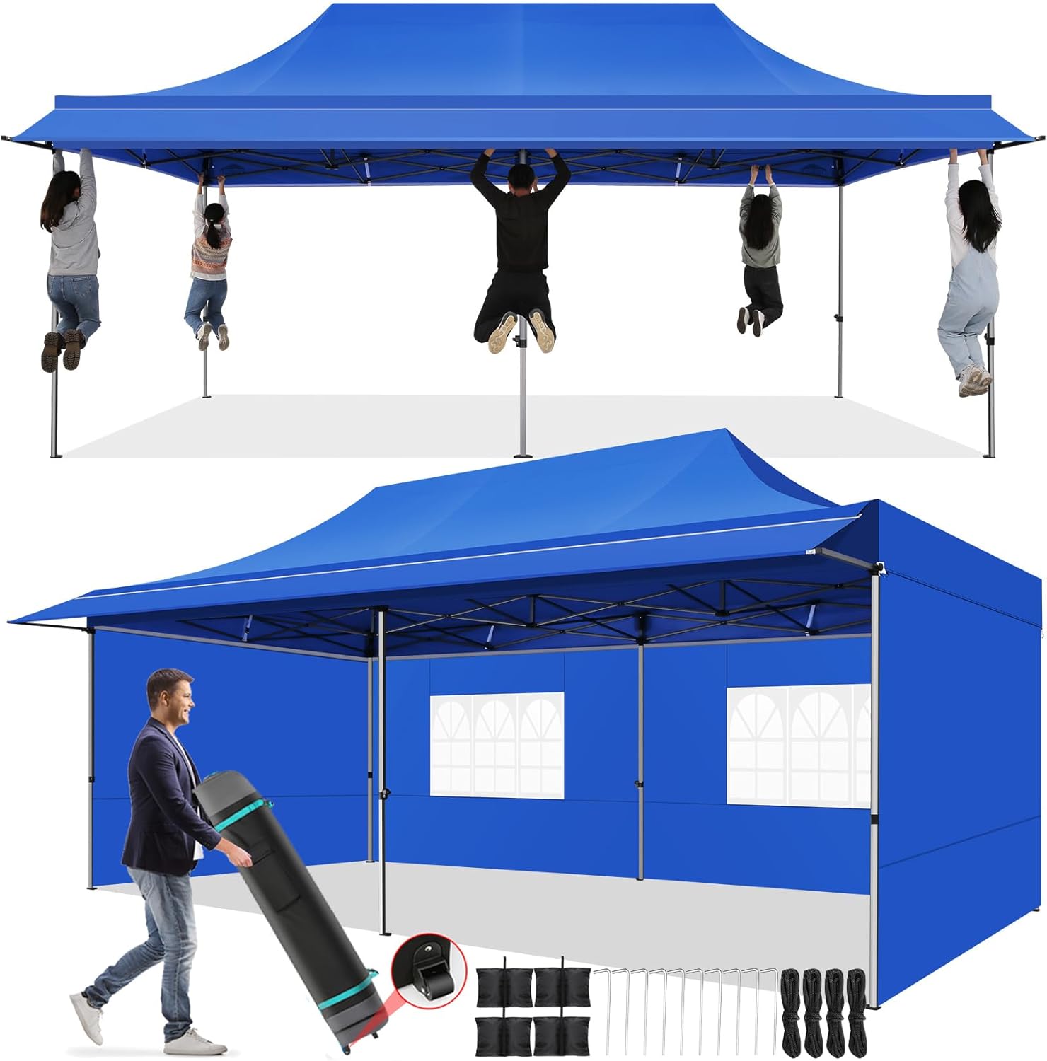 COBIZI 10×20 Pop Up Cover Tent with Awning,Heavy Responsibility Cover UPF 50+ All Season Wind Waterproof Business Out of doors Road Distributors Social gathering Tents for Events Cover with Curler Bag(10 x 20 ft Blue)