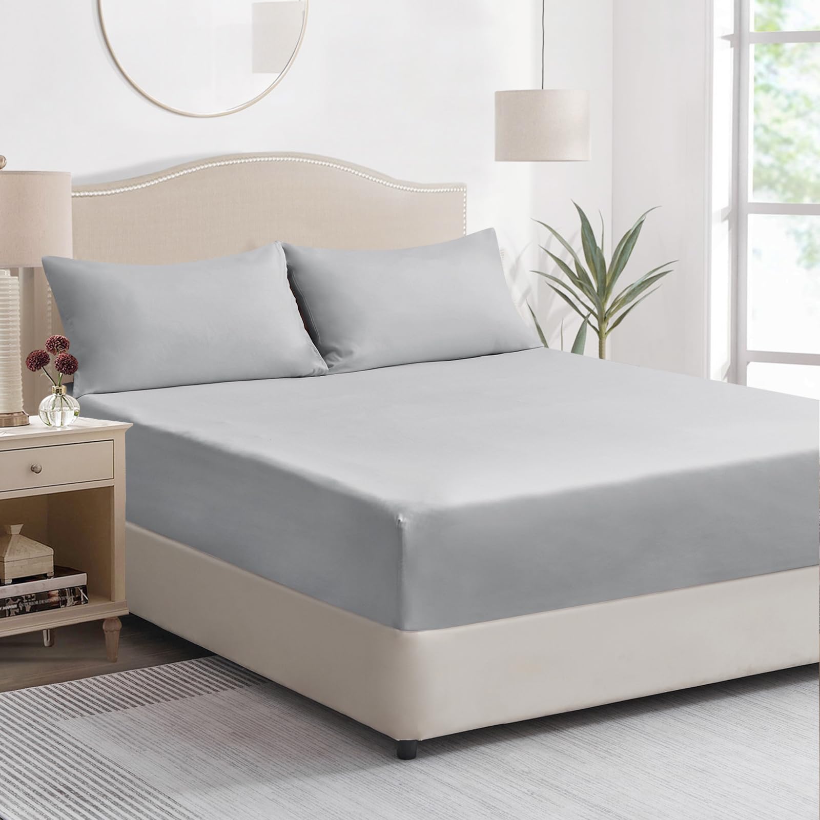 Tifschlaf Single Fitted Sheet Deep - Grey Bed Sheet Extra Deep Pocket 16 inch (40 cm), Soft Brushed Microfiber Mattress Bottom Bedding Sheet, 90x190cm