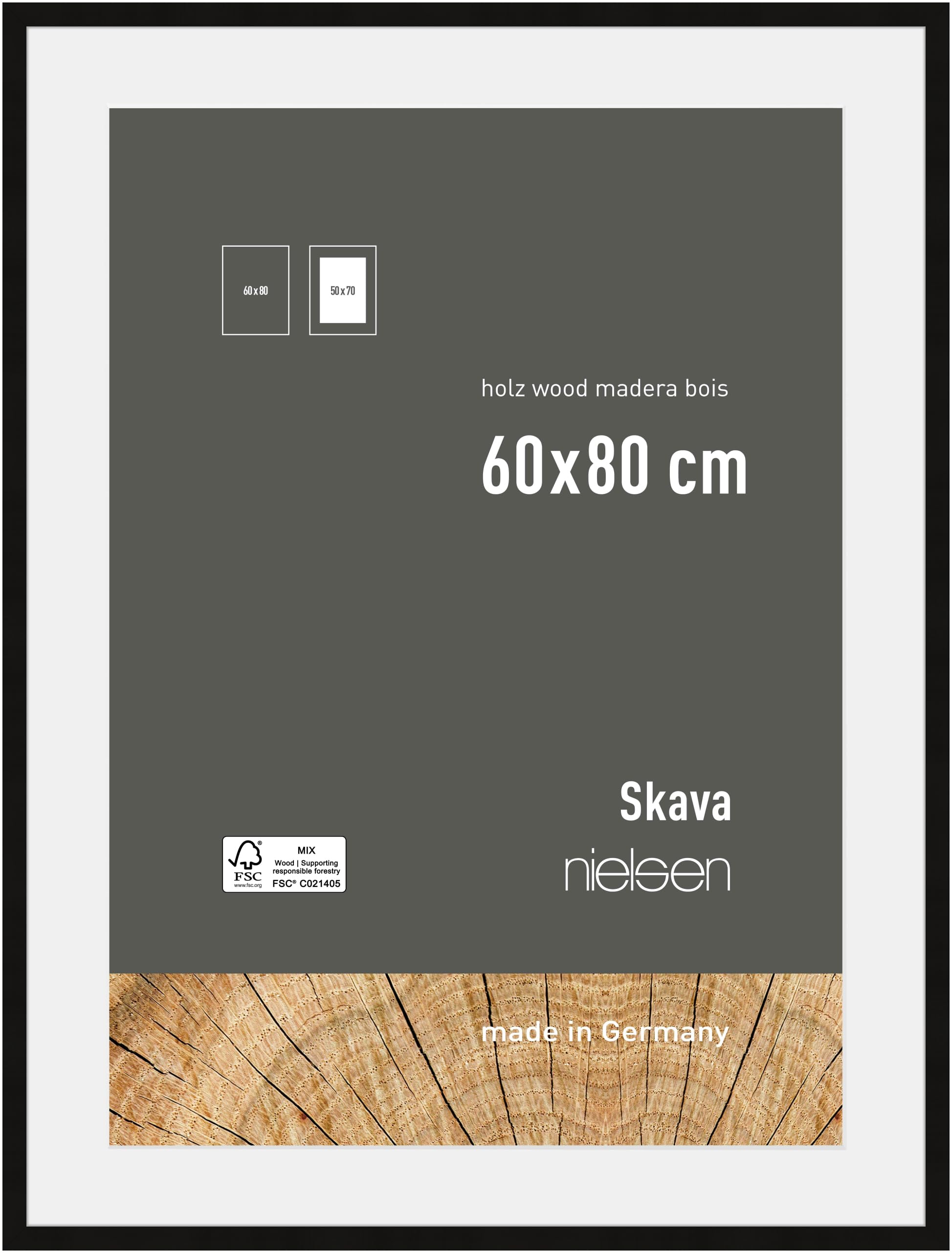 Nielsen Black Skava Wooden Picture Frame - 60X80cm With White Mount To Fit 50X70cm Photo - Float Glass And Easy Push-Turn Clips