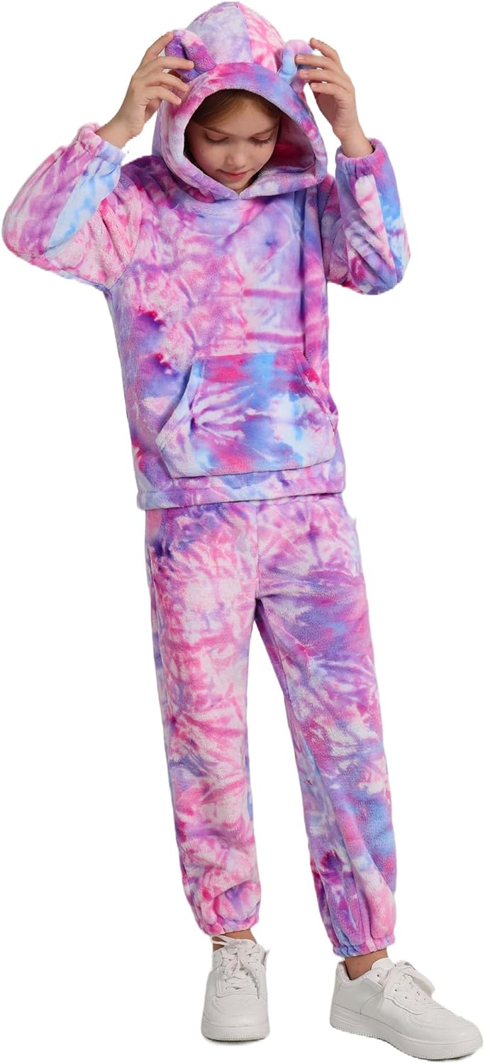 Adarl Girls 2 Piece Outfits Cozy Fleece Bear Ear Hoodie Sweatshirt & Sweatpants Set Fall Winter Warm Sweatsuit for Kids 6-14Y