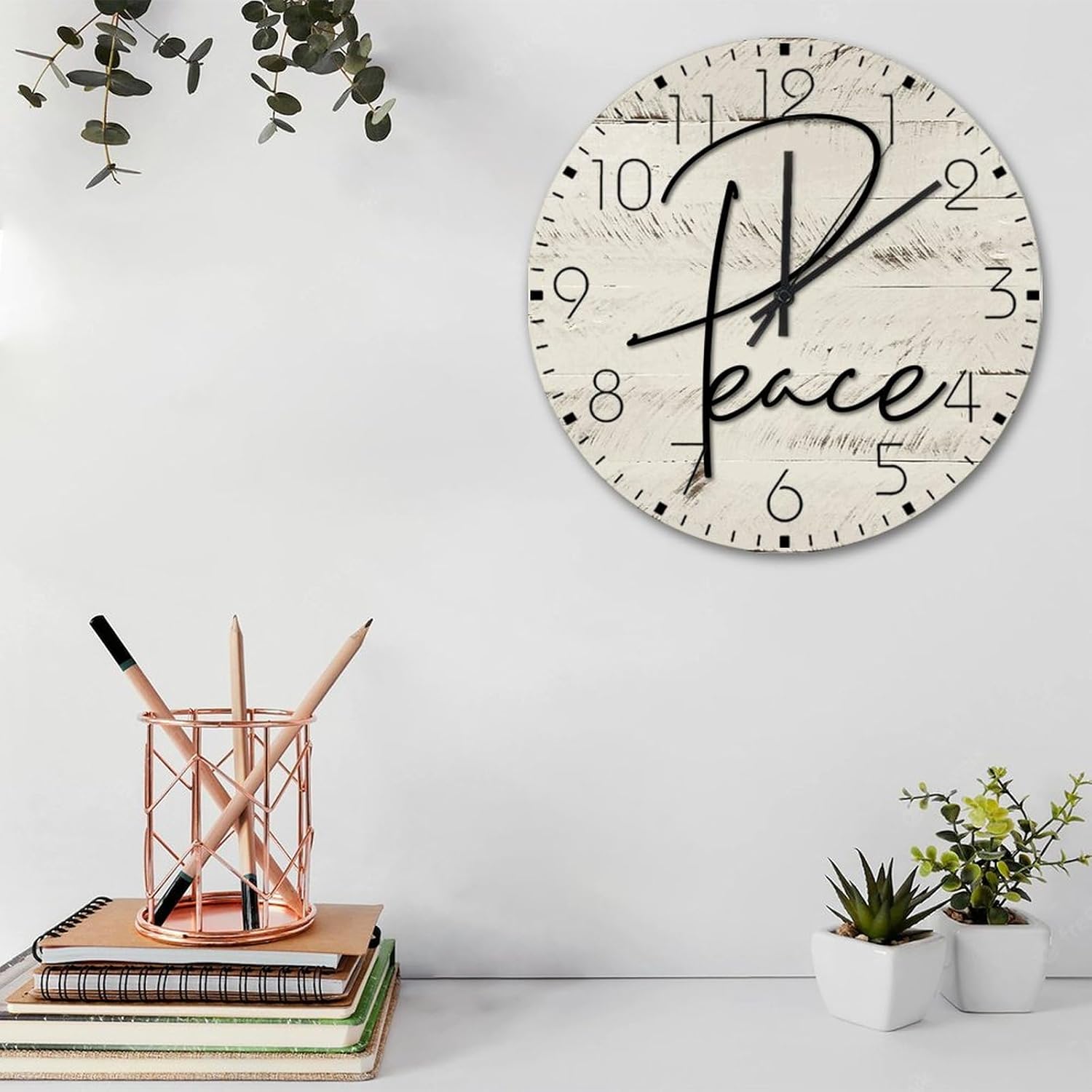 15 Inch Silent Non-Ticking Wall Clocks Battery Operated Peace Home Decor for Living Room Initial Word Cutout Sculptures Rustic Round Wooden Wall Clock Vintage for Porch Washroom
