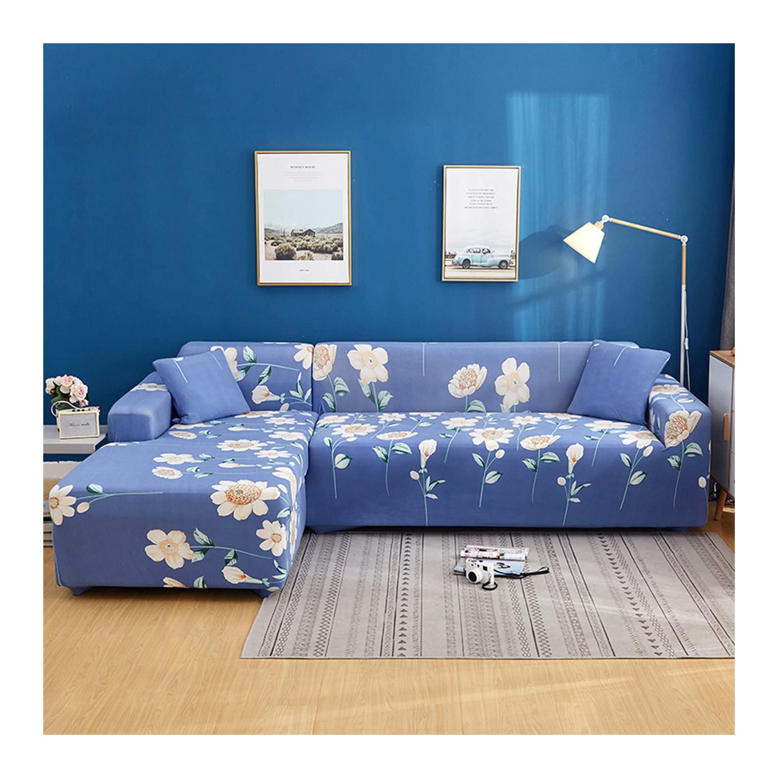 Funda de sofá en forma de L elástica y ajustable KnSam, protector floral azul de 235 a 300 cm