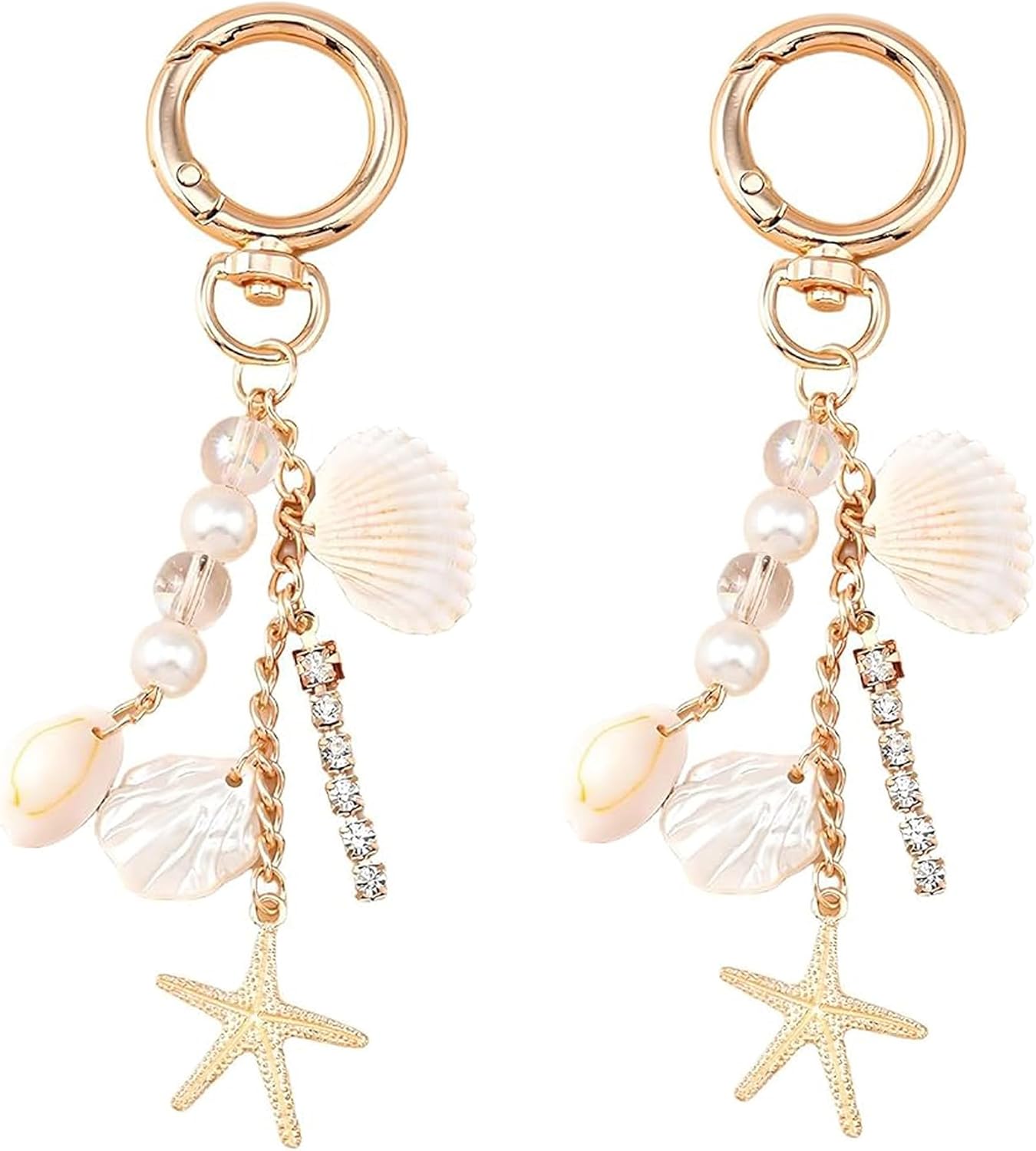 Seashell Keychain Beach Keychain, 2Pcs Seashell Starfish Pearl Bag Charms | Starfish Key Chain Back to School Gift for Handbags Tote Bags Purse,Summer Ocean Key Chain Gifts for Women
