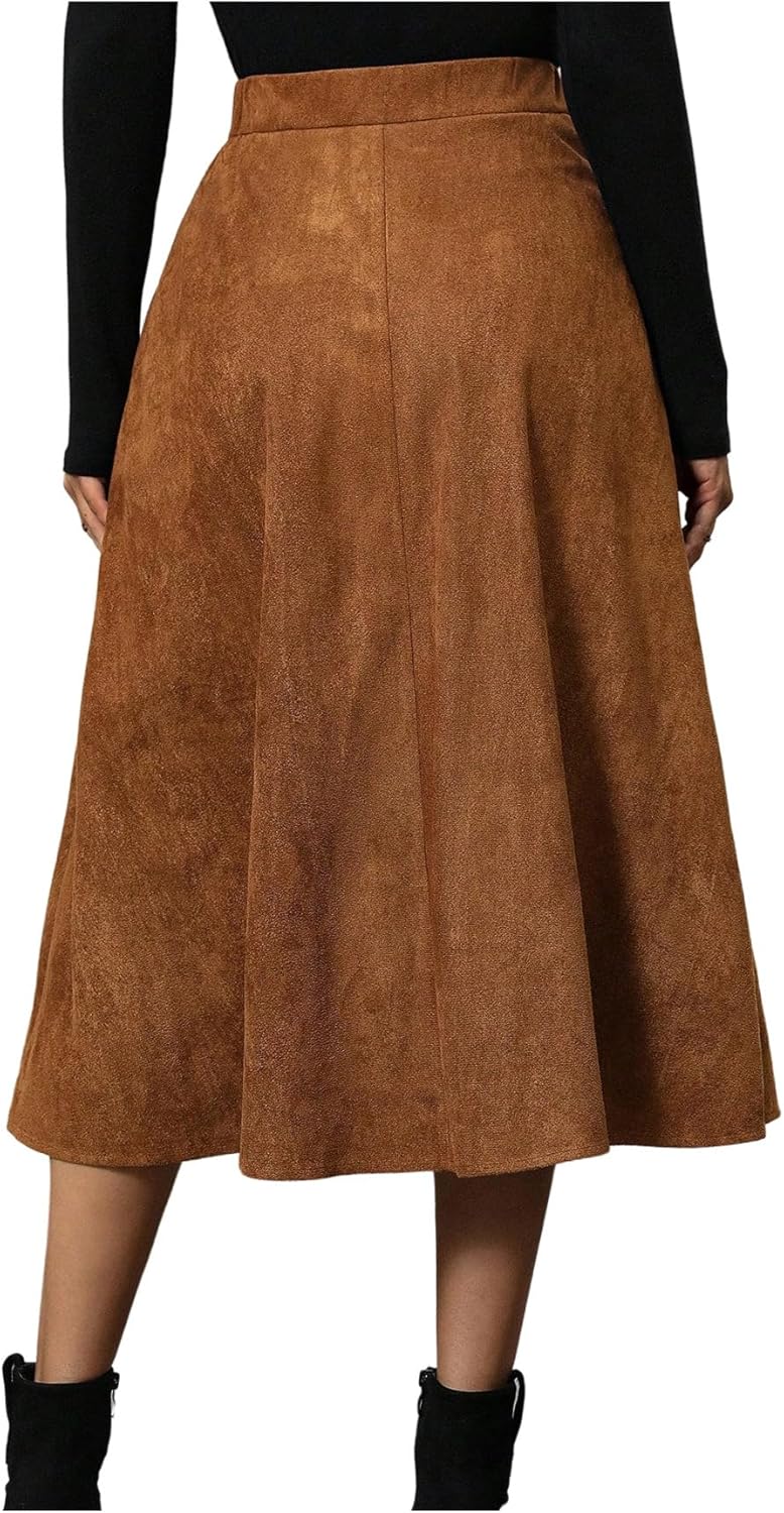 SweatyRocks Women's High Waisted Skirts Asymmetrical Ruffle Flowy Business Casual Work Midi Skirt Bronze X-Large - Image 3