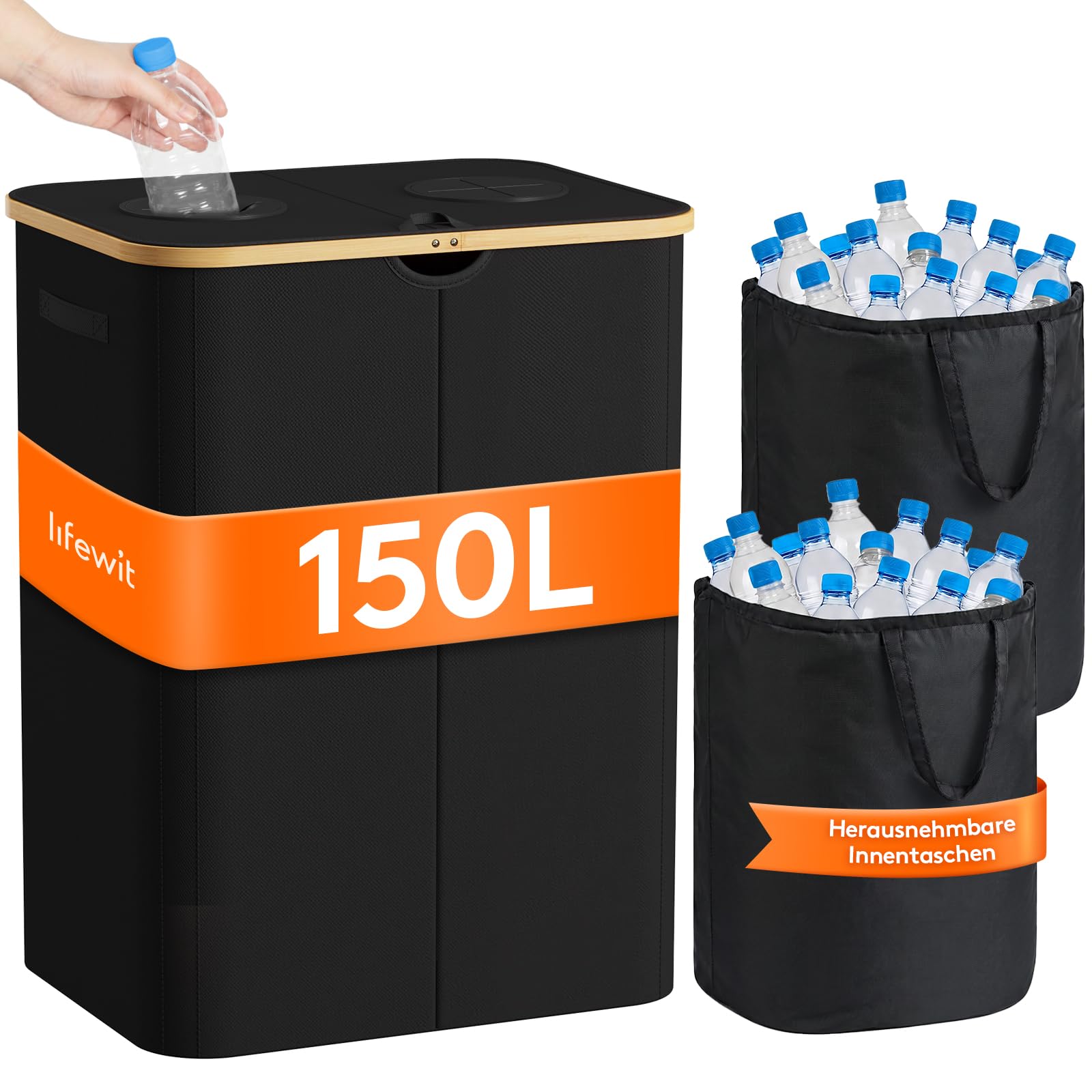 Lifewit Deposit Bottles Collection Container with Lid, Bamboo Large Empty Collection Container, Waste Glass Storage and Deposit Bottles Organiser with Hole Kitchen Storage Room Bottle Bag