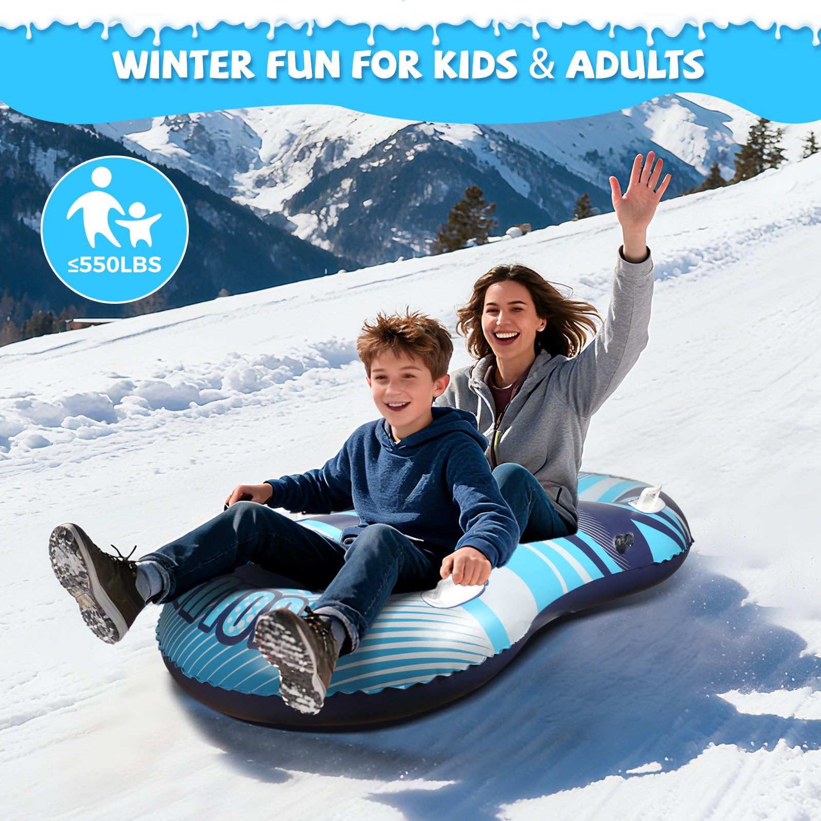 Tube à neige avec corde de remorquage remorquable, luge gonflable robuste pour enfants et adultes de qualité supérieure résistante à l'abrasion pour l'hiver et l'extérieur, kit double patch