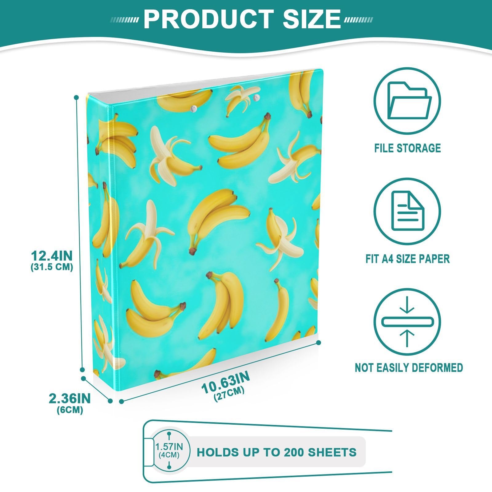 Confezione da 2 raccoglitori a 3 anelli, motivo banane in stile cartone animato, con tasche, grandi, per scuola, università, ufficio