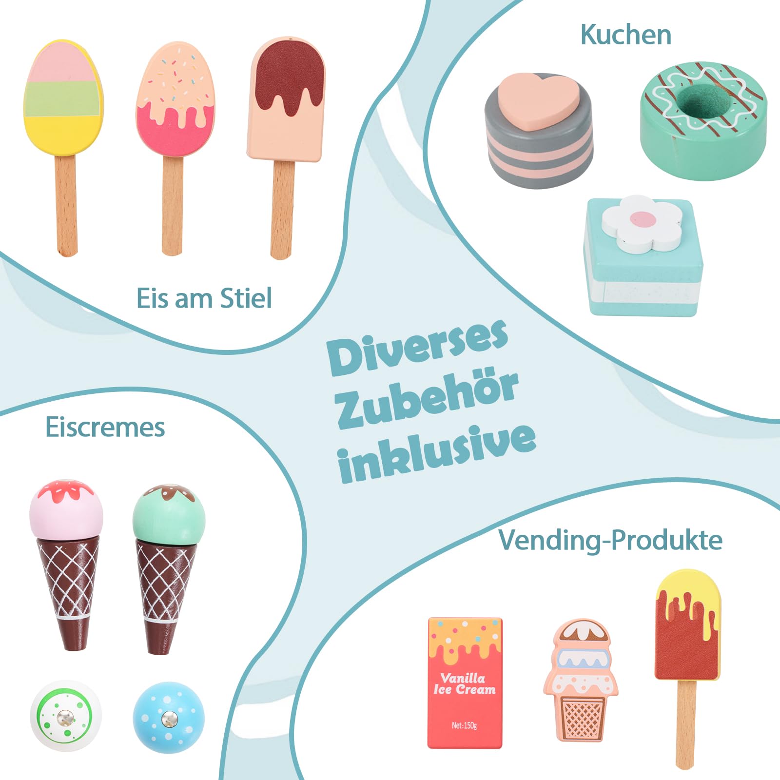 DREAMADE Kinder Eiswagen mit 15 Zubehör, Kaufladen aus Holz mit 2 Rädern & Markise, Eisstand Einkaufsladen für Kinder ab 3 Jahren (Cyan)