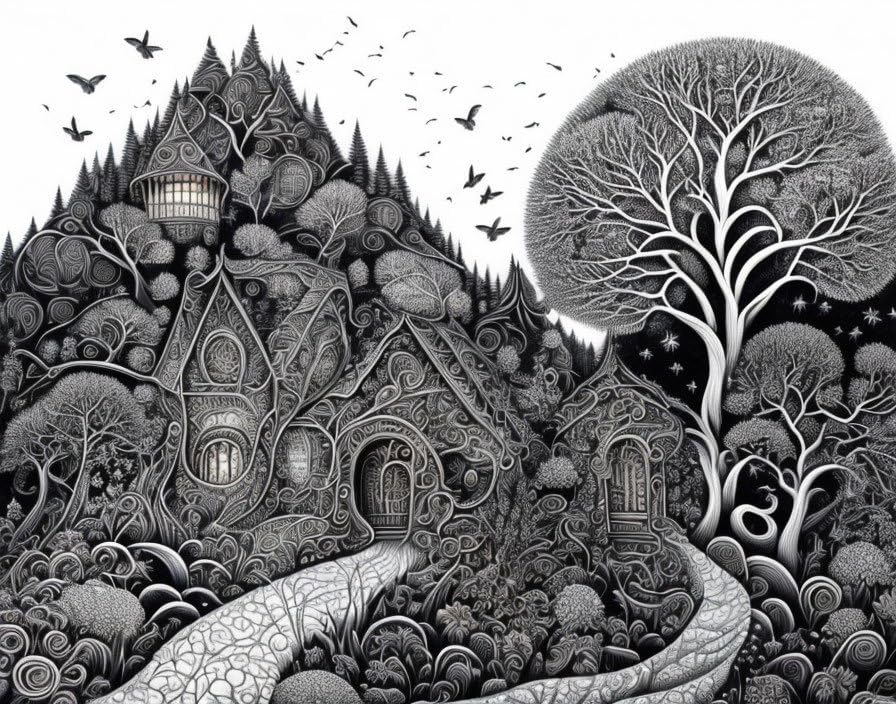 Peinture forêt noir et blanc pour salon moderne déco murale cabane