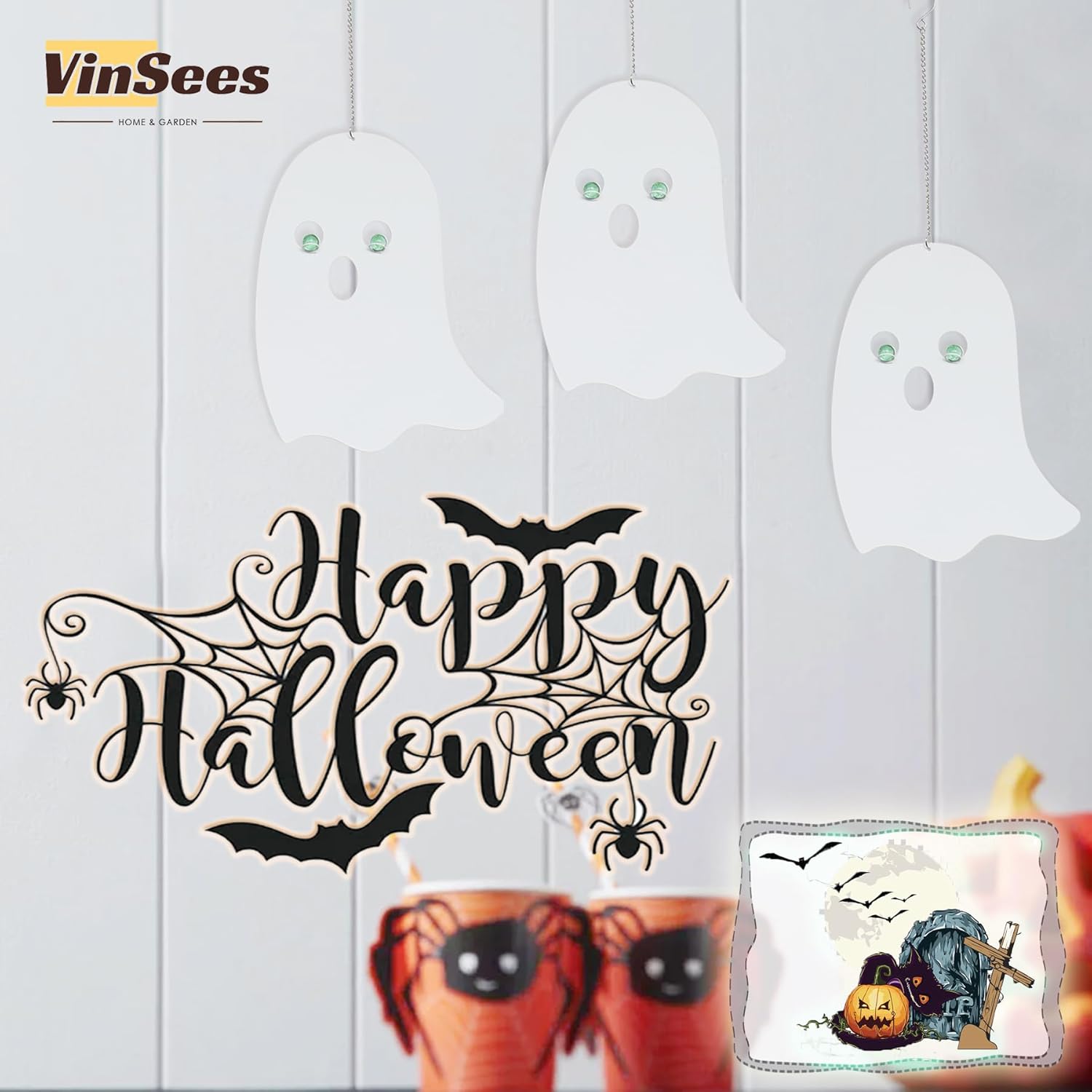 Halloween Metal Ghost Hanging Decorations for Yard Porch Outdoor Indoor, Halloween Decorative Metal Ghosts Hanging Decor with Glowing Eyes in The Dark, Set of 3 (Ghosts)