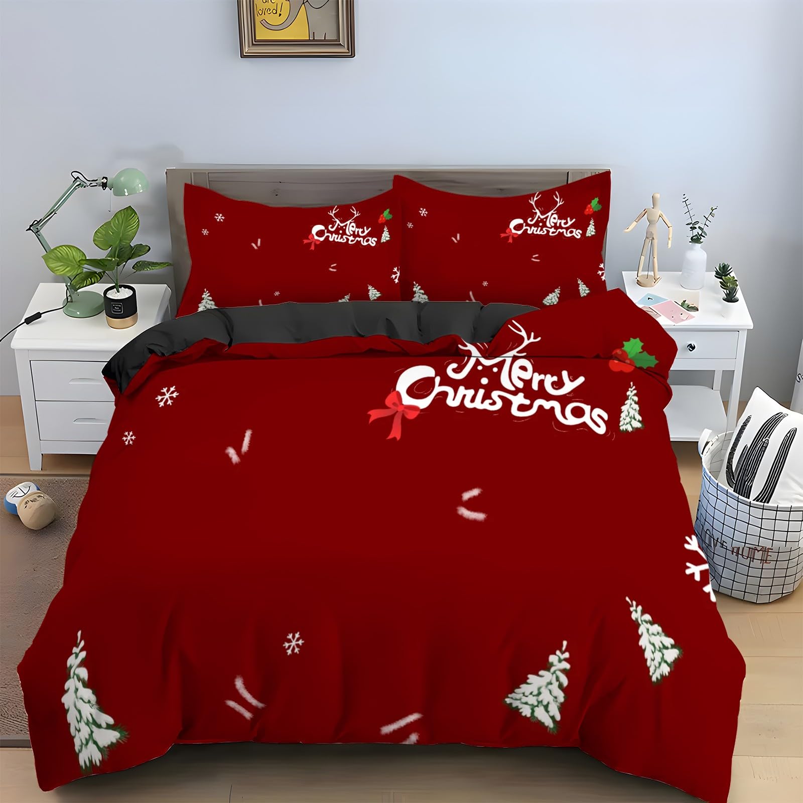 Housse de couette 160x200 wapiti motif Noël 3 pièces en microfibre douce avec taies d'oreiller