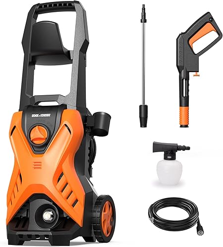 Rock&Rocker Lavadora a presión eléctrica, lavadora de potencia máxima de 2150 PSI con boquilla de presión ajustable, cañón de espuma, lavadora de