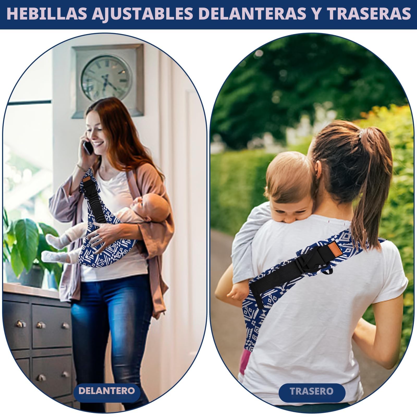 Portabebés Portátil, Portador de Bebé, Ergonómico Portátil, Portabebés Elastico Ajustable para Bebés y Niños Pequeños de 0-36 Meses (azul y blanco)