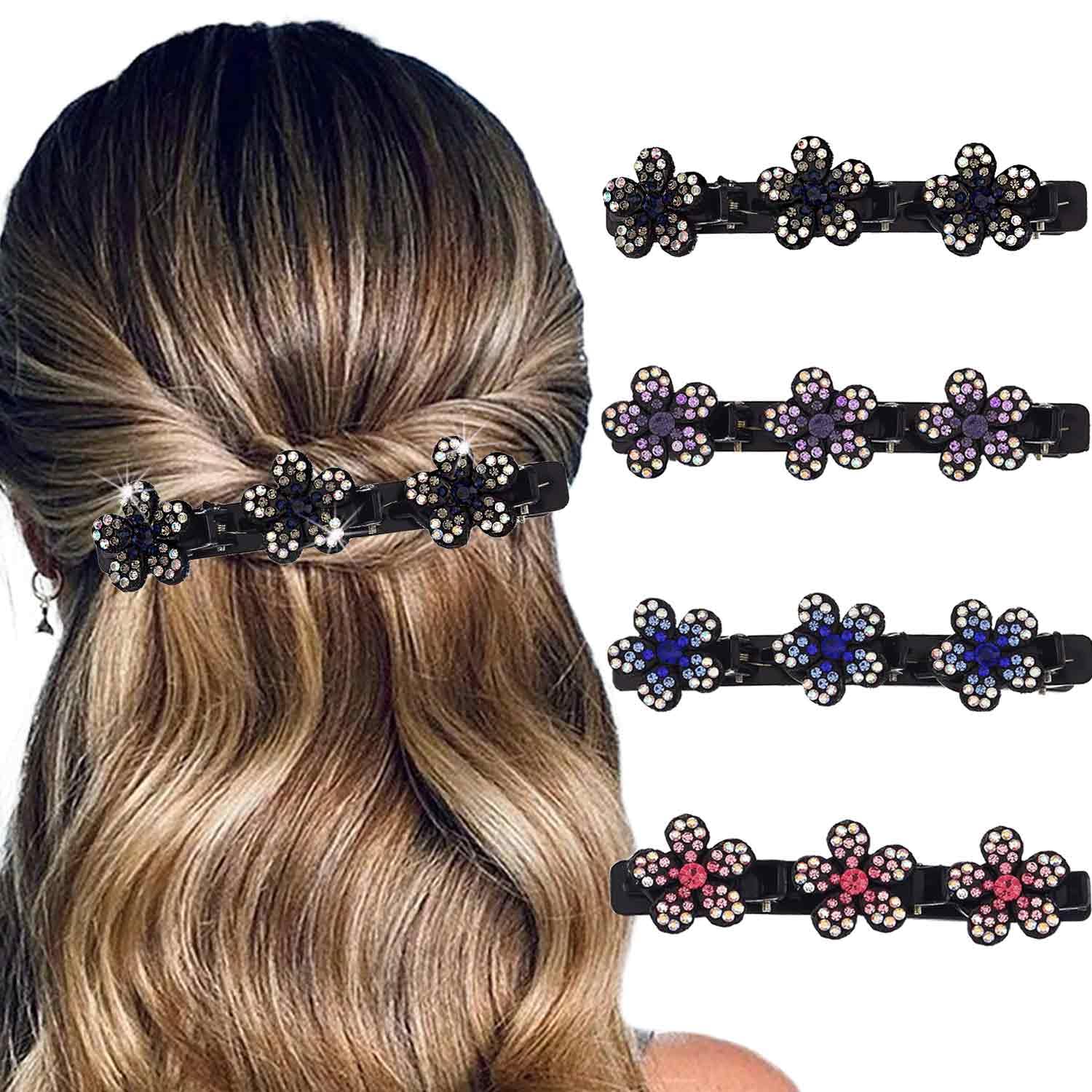 Outyua Sparkling Crystal Stone Rhinestone Braided Hair Clips for Women Duckbill Hair Clip Hair Accessories for Styling Sectioning 4Pcs