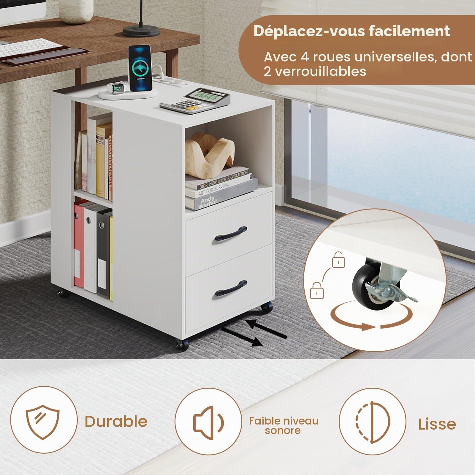 LIFEZEAL Table d'Appoint avec 2 Tiroirs et roulettes, Table de Chevet Moderne Étroite avec Station de Recharge, Compartiment Ouvert et Étagères, Table pour Salon, Chambre (Blanc)