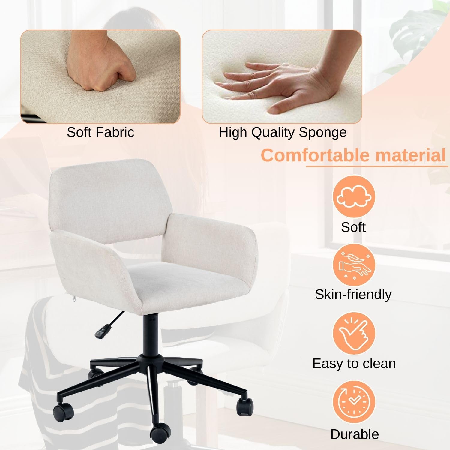 Ergonomiczne obrotowe krzesło w kolorze beżowym szenilowym – regulowana wysokość i miękkie wyściełanie, idealne do domowego biura i nauki, funkcja obracania i regulacji wysokości