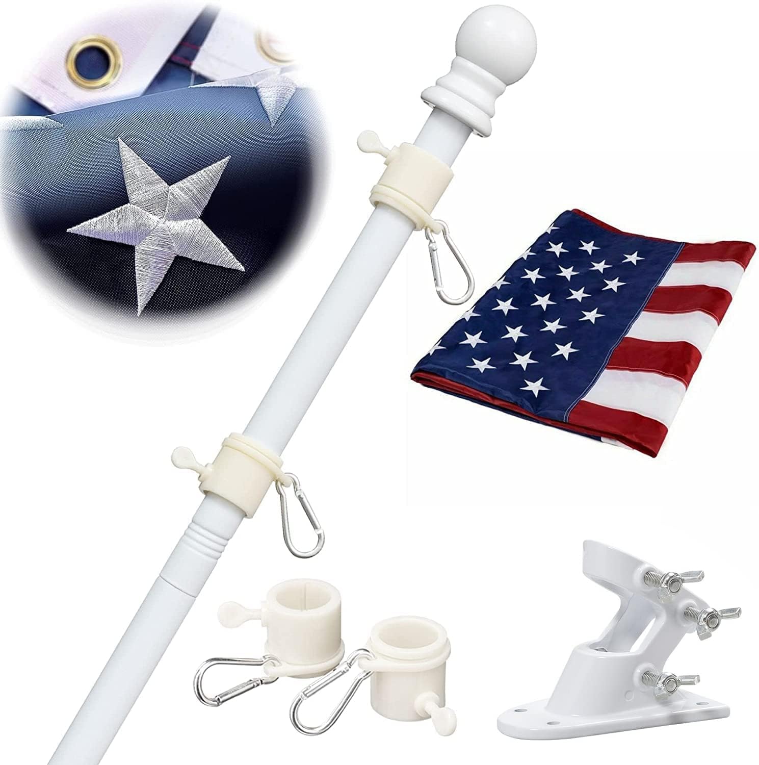 Flag Poles for Outside House with American Flag 3x5 - Flag Pole Kit includes 6ft Tangle Free House Flag Pole,Embroidered US Flag,Holder Bracket,Residential Flag Pole for House,Porch,Outdoor-White