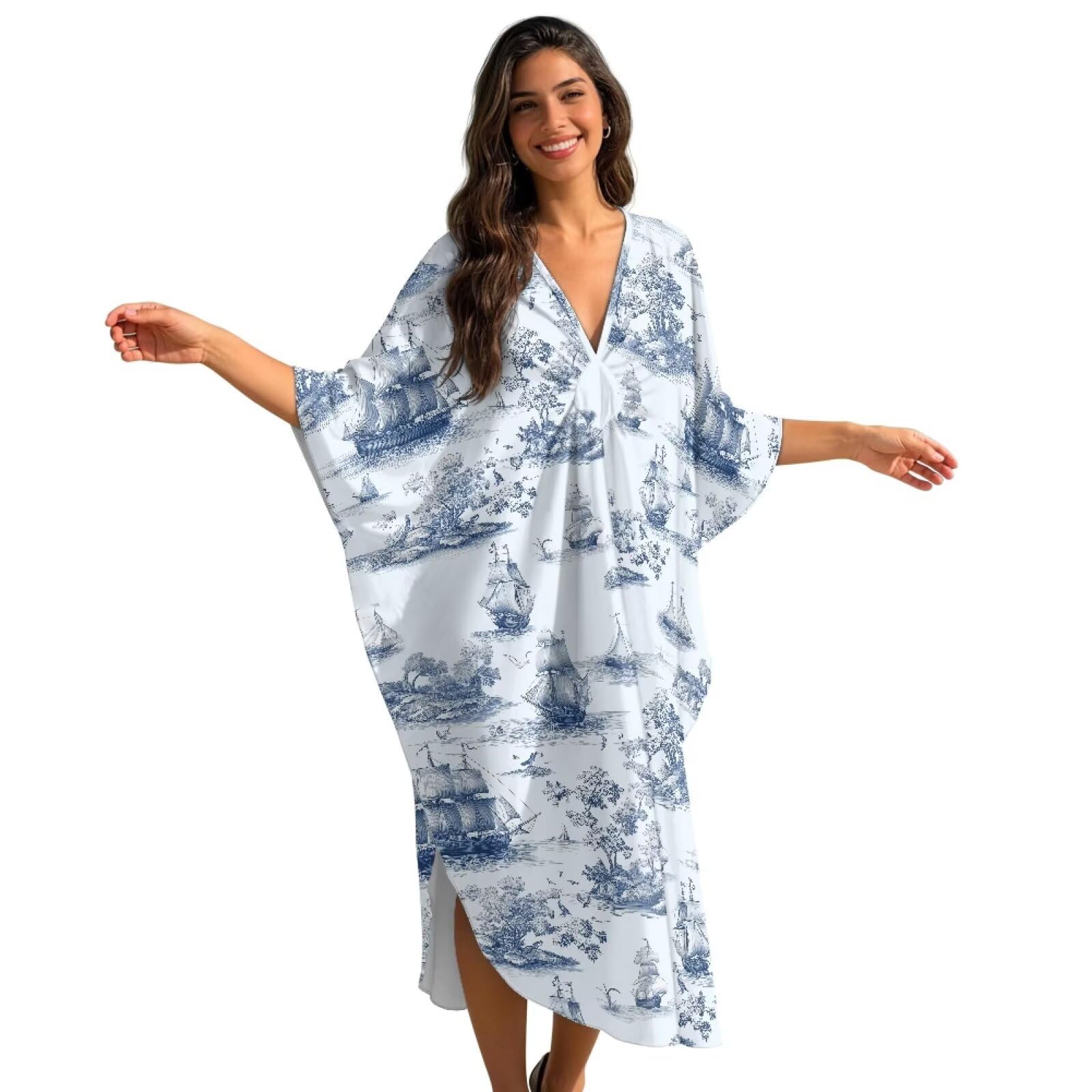 Xoenoiee Sukienki kaftan dla kobiet plus size dekolt w serek Moo Moos rękaw nietoperz kaftan sukienka plażowa strój kąpielowy okrycie