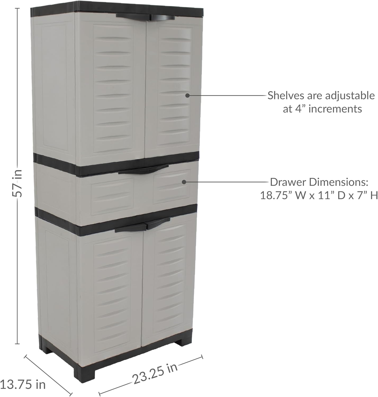 Sunnydaze 57" H Resin Garage Storage Cabinet - Garage Cabinet with 2 Adjustable Shelves - Freestanding Utility Storage for Laundry Room, Office, Basement - Gray