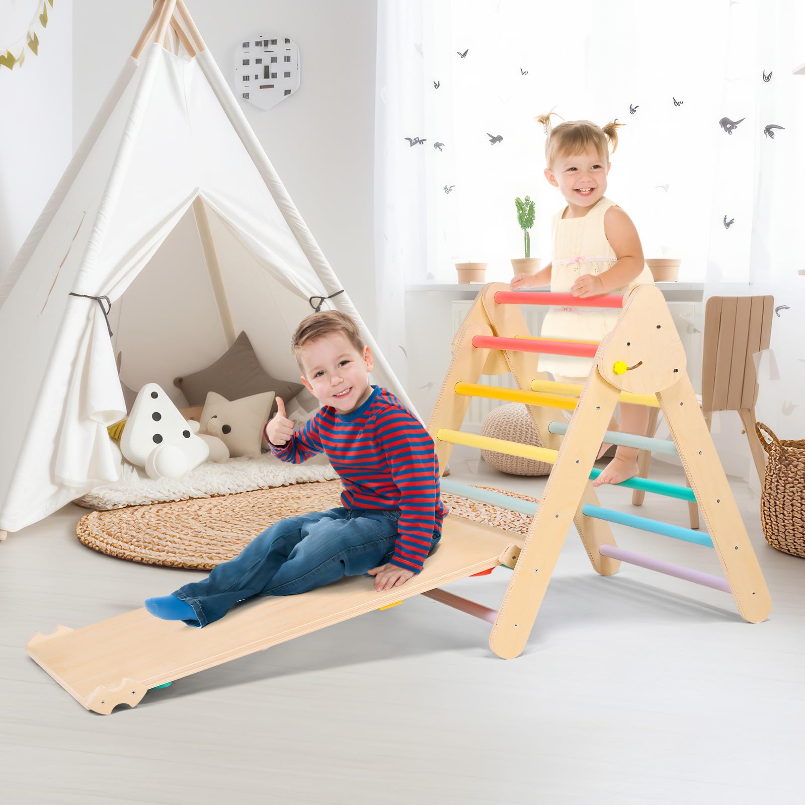 Escalera de Escalada Triangular Plegable, Swing de Madera, Juguete de Escalada Montessori, Carga 50kg para Interiores y Exteriores (2 en 1)