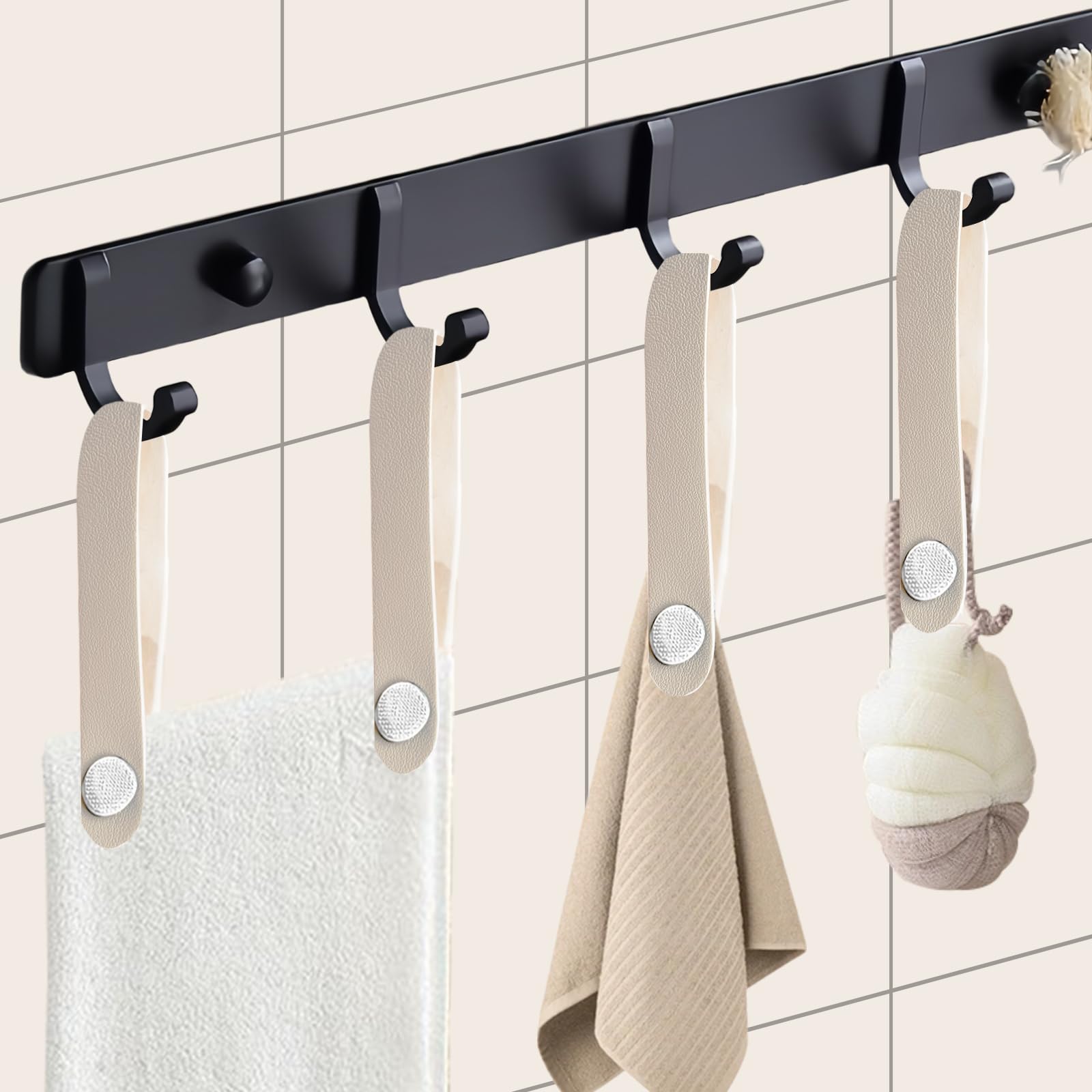 8 Pezzi Ganci per Tessuti Senza Cuciture Appendi Strofinacci Cucina 15 * 1.2cm Pelle PU con Chiusura a Bottone Ganci per Asciugamani per Asciugamani,Bagno,Stracci,Decorazione,Campeggio(Beige)
