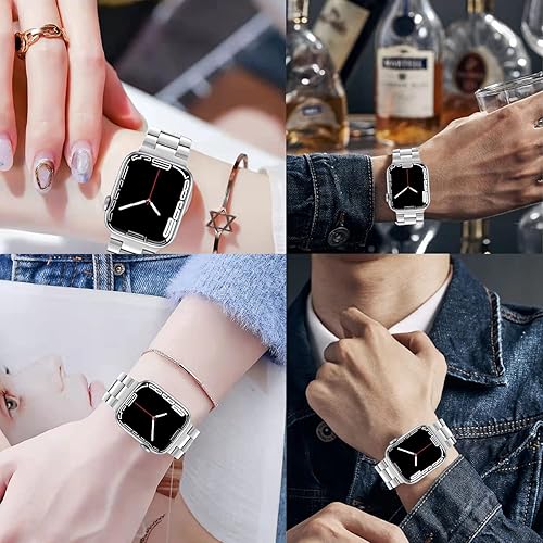 Vista 14 de Miimall Compatible for Apple Watch Series 9/8/7 41mm Bands Stainless Steel with Cases Cover Slim Hard PC Fit Case Stainless Steel Wristband Metal