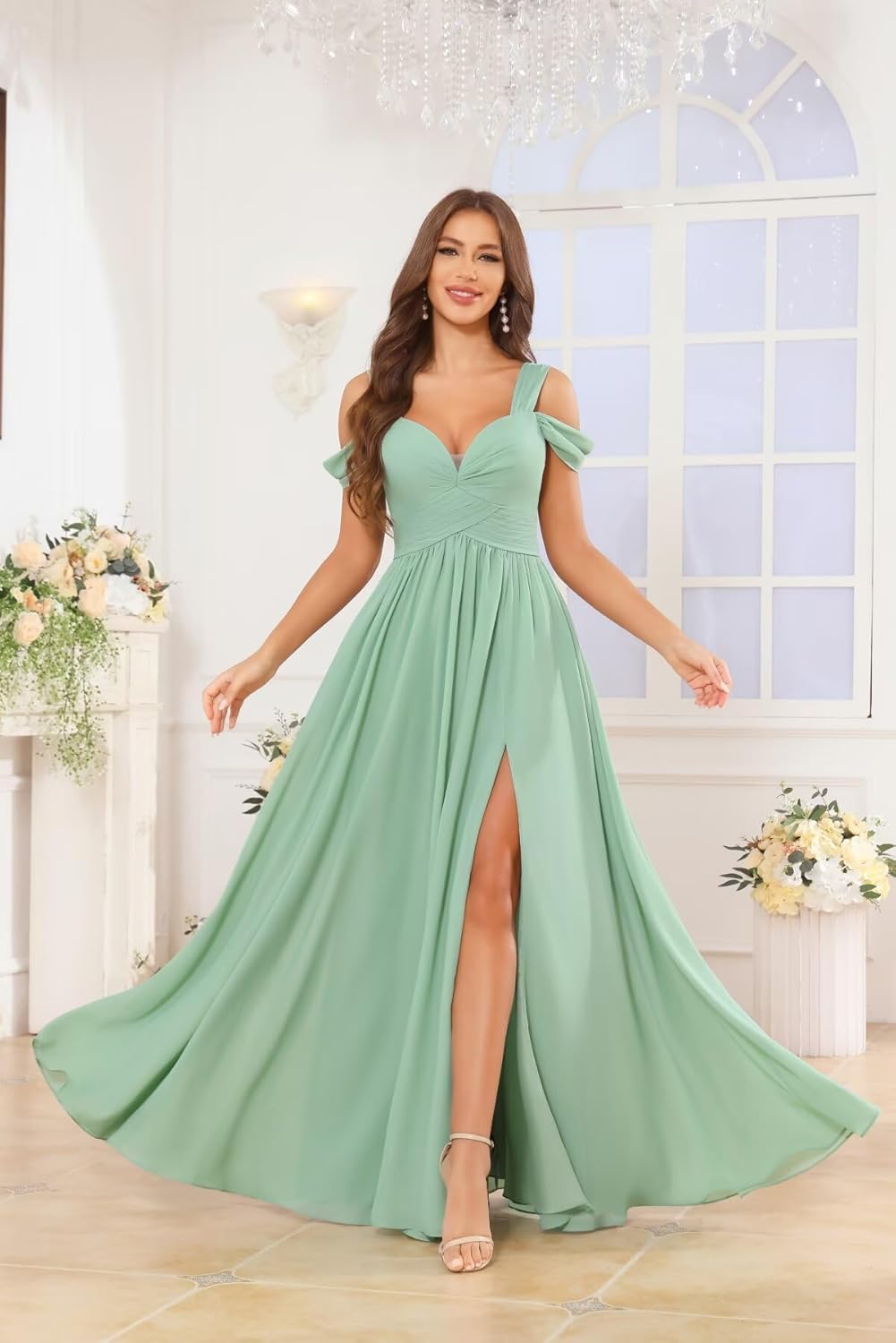 GUKARLEED Women’s Cold Shoulder Bridesmaid Dresses Wrap Ruched Chiffon A-line V Neck Long Slit Formal Dress for Wedding Guest