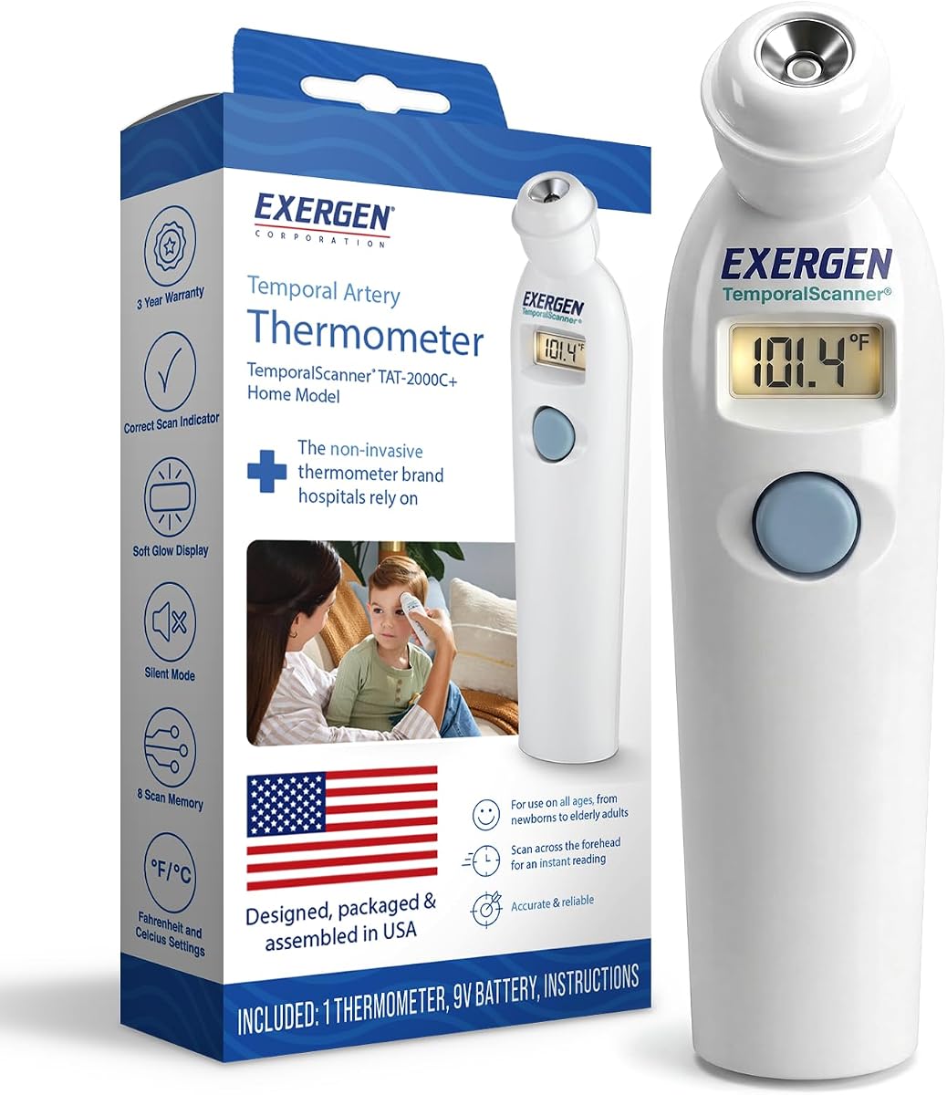 Exergen TAT-2000C+ Temporal Artery Thermometer, White, 9V Included | Thermometer For Adults, Kids, & Newborns | Soft Glow LCD, Silent Mode, 8 Memory Readings