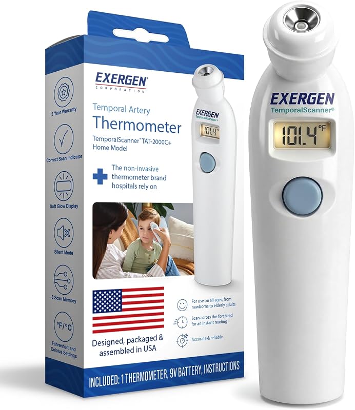Exergen TAT-2000C+ Temporal Artery Thermometer, White, 9V Included | Thermometer For Adults, Kids, & Newborns | Soft Glow LCD, Silent Mode, 8 Memory Readings
