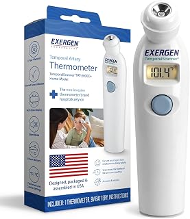 Exergen TAT-2000C+ Temporal Artery Thermometer, White, 1 Count, 9V Included | For newborns to adults, Soft Glow LCD, silent mode, 8 memory readings, wipe clean probe, optional caps, forehead scan at home