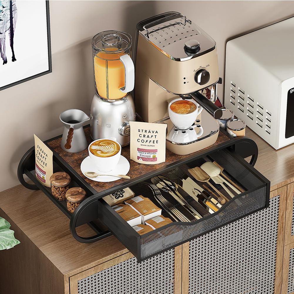 Soporte para cápsulas con cajón, marco de metal, superficie de madera, estación de café, bar, almacenamiento de cápsulas, cajones, para cocina, hogar, oficina, 55 cm de largo x 28 cm de