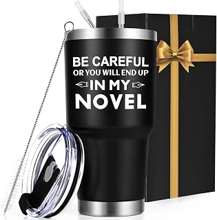 Qtencas Gifts for Novelist, Be Careful Or You'll End Up In My Novel Travel Tumbler, Insulated Stainless Steel Travel Mug Tumbler, Birthday Christmas Gifts for Men Author Literary Library, 30oz Black
