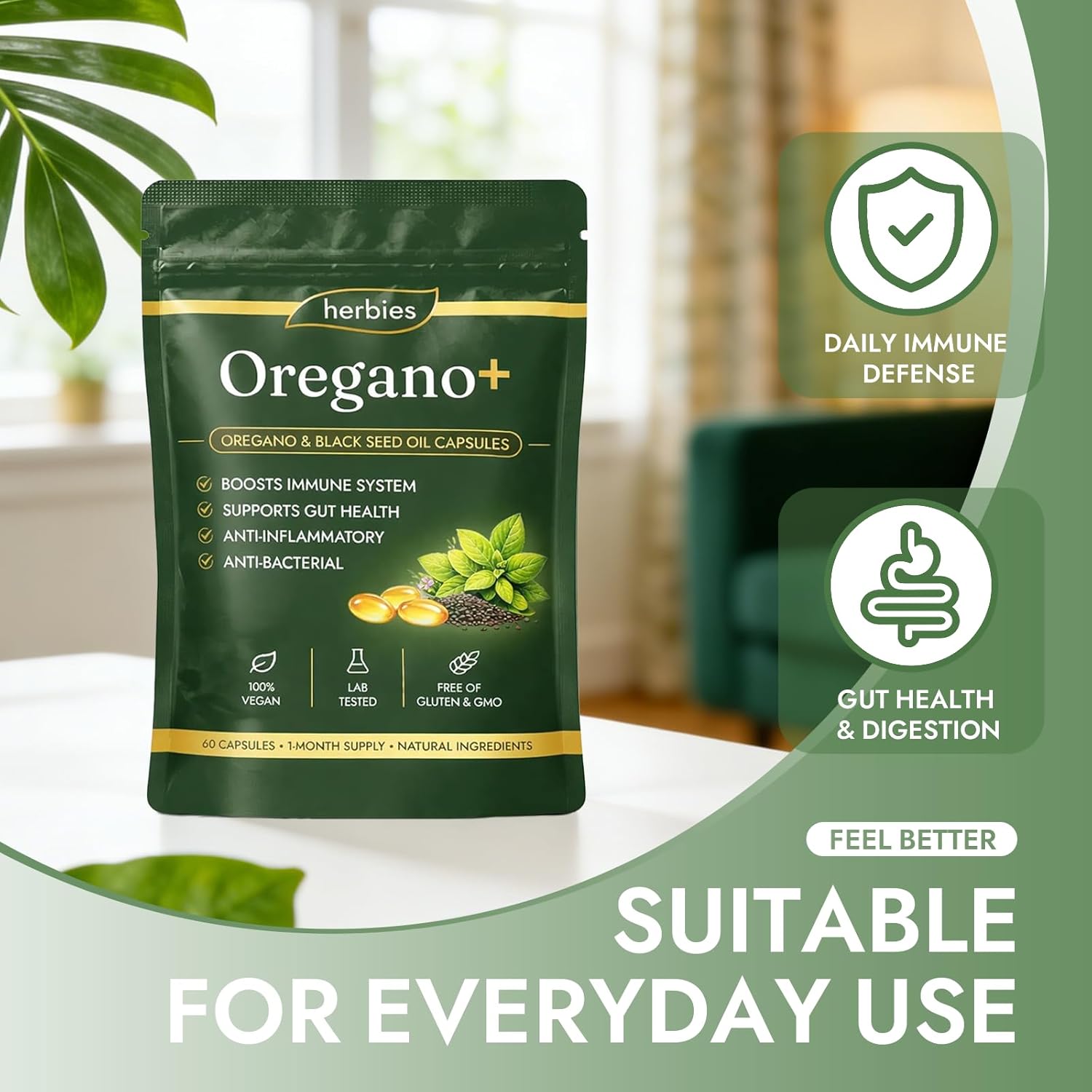 Oregano+ Softgels with Oregano Oil & Black Seed Oil - Helps Maintain Gut Balance, Easy-to-Swallow Softgels - 60 Count(1pc)
