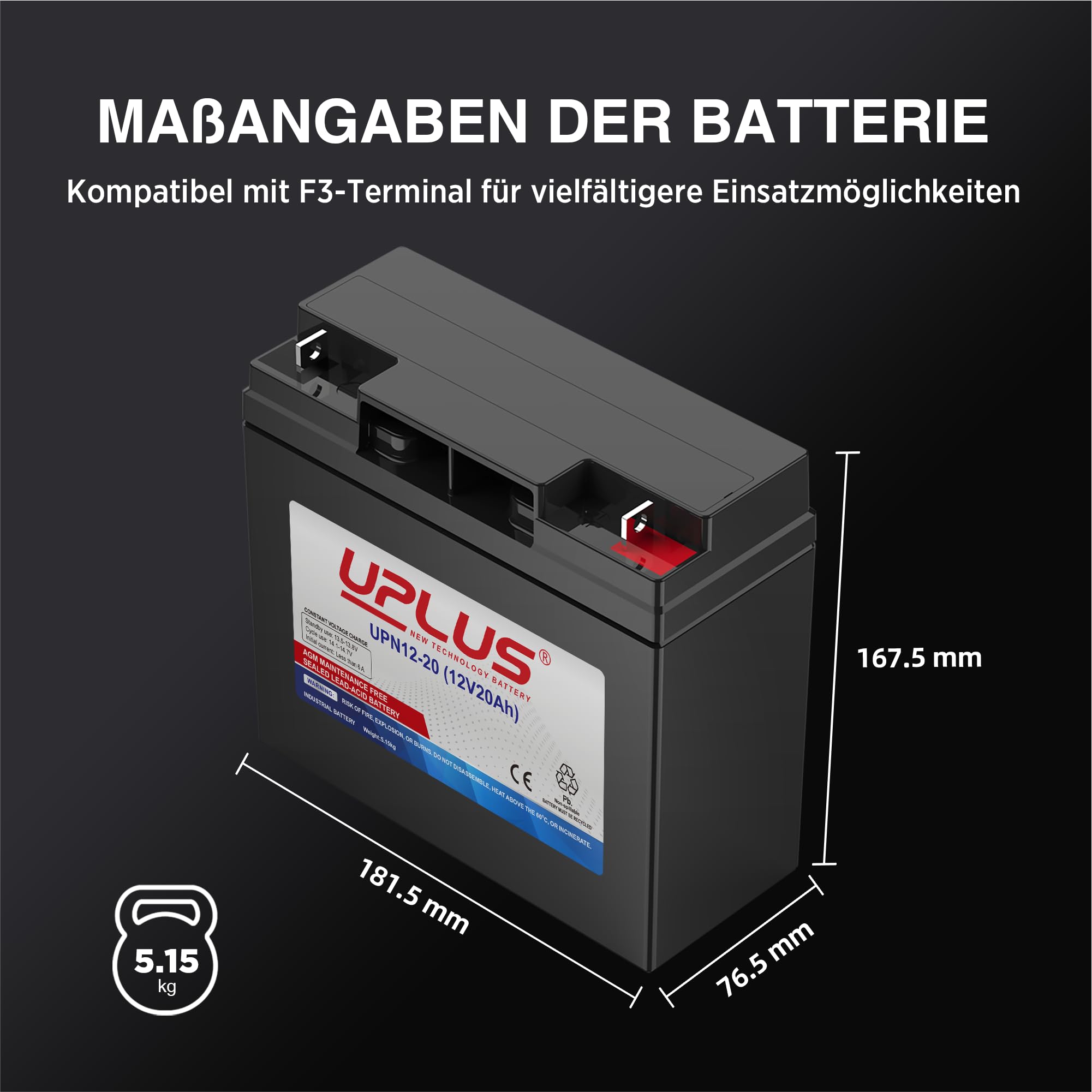 UPLUS UPN12-20 12V 20Ah AGM Batterie, wartungsfrei VRLA Akku