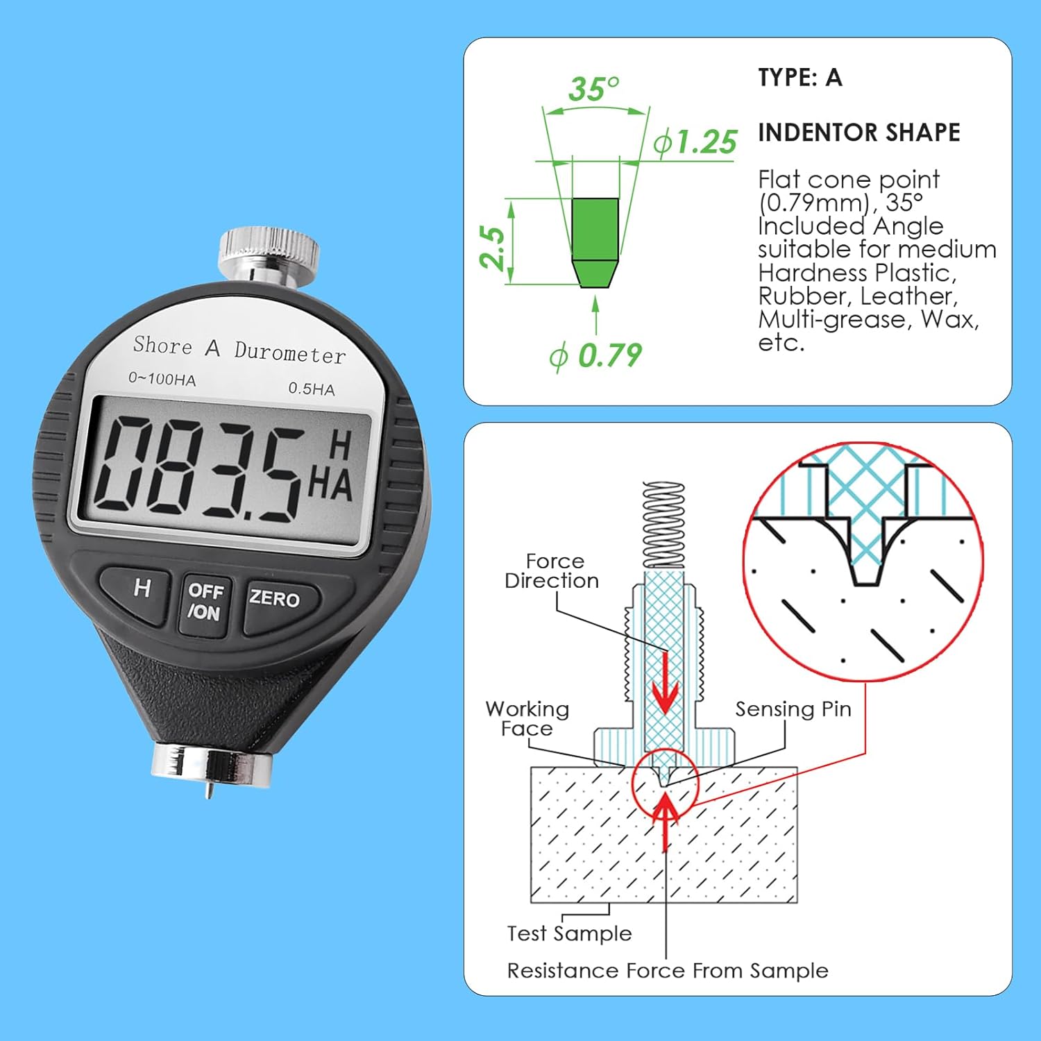 Durometer Tester Shore A Hardness Tester, Rubber Tire Durometer Gauge 0~100HA Digital Hardness Meter with Large LCD Display
