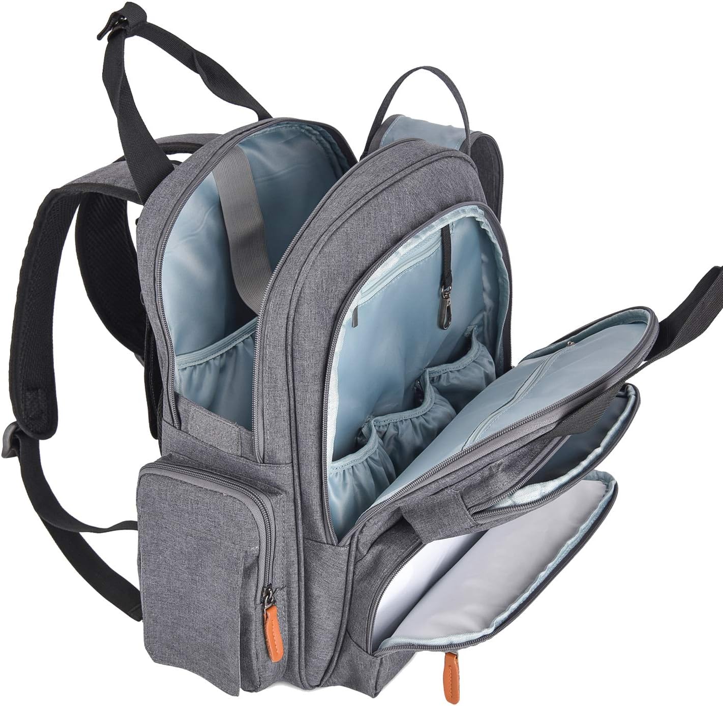 Baby Changing Bag Rucksack, ROOYA BABY Backpack Changing Bag, Nappy Backpack with Changing Mat, Diaper Bag Backpack with Double Zipper Wide Opening Design, Pram Clips Included, Grey