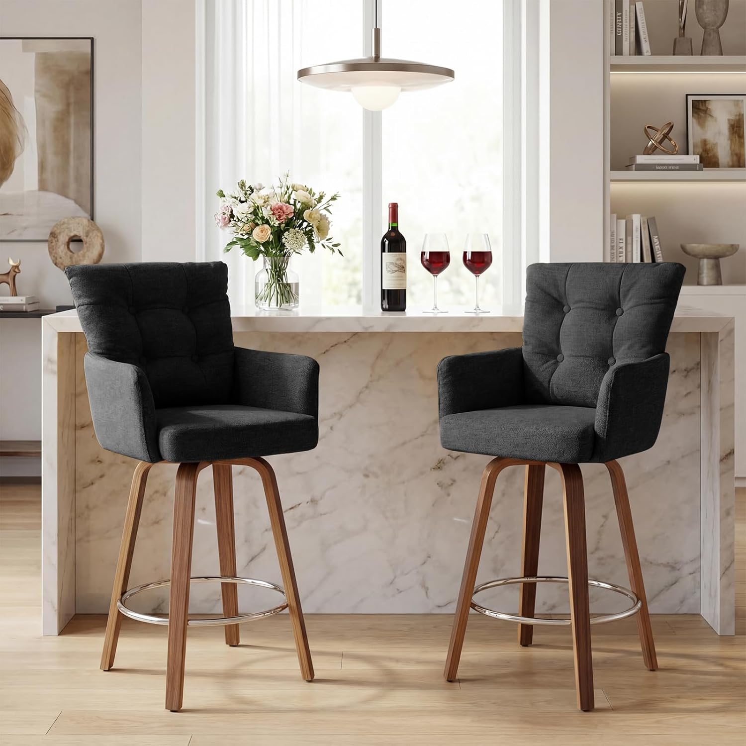 28 Inch Bar Stools Set of 2, Modern Counter Height Swivel Bar Stools with Backs and Arms, Wood Legs and Footrest, Upholstered Pub Black Bar Chairs Kitchen Island