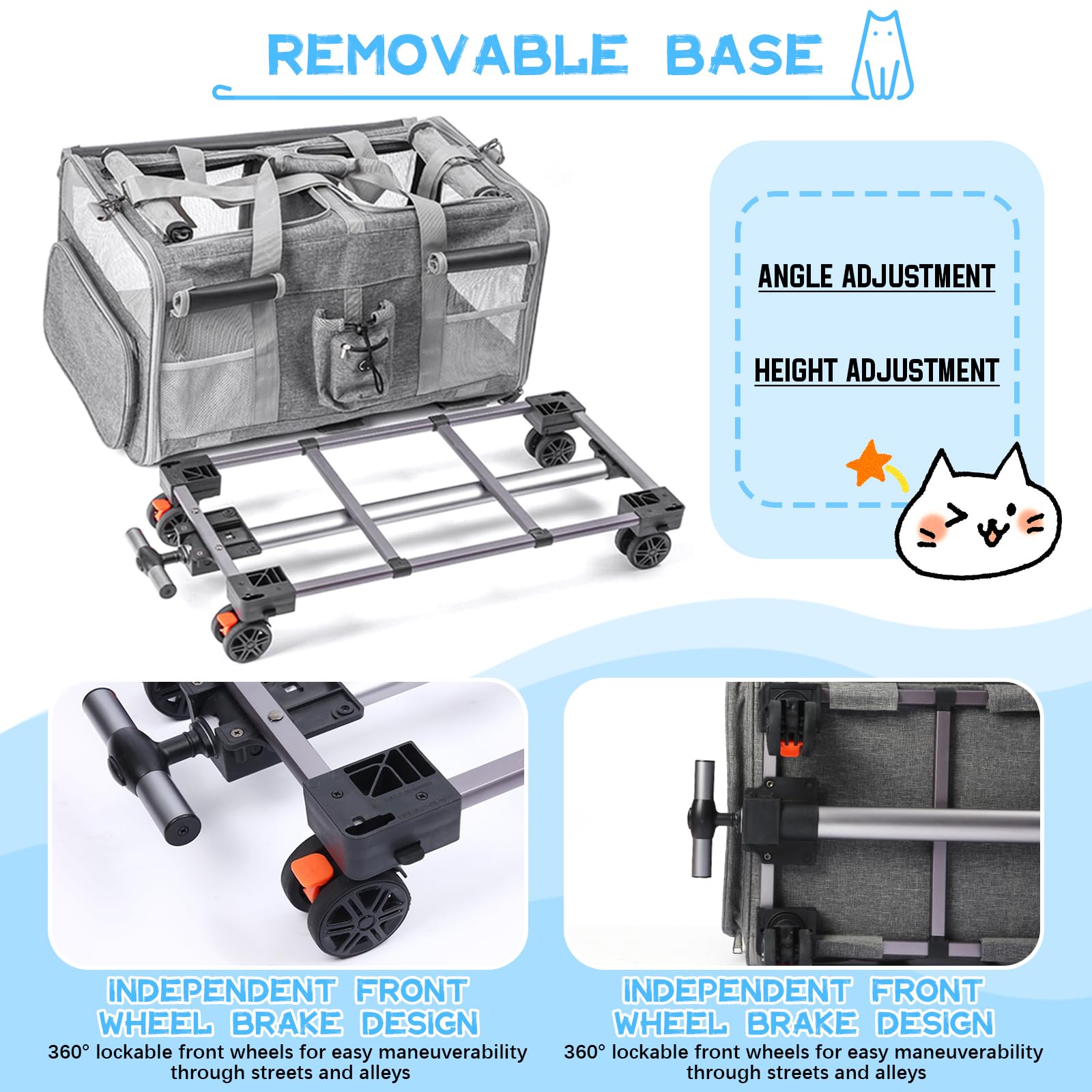Extra große Haustiertrage mit Zwei Fächern und Rollen für Katze/Hund, Abnehmbarer Faltbar Katzentransportbox für 2 Katzen bis 20kg, Belüftetes Katzen Kucksack Groß für Reisen